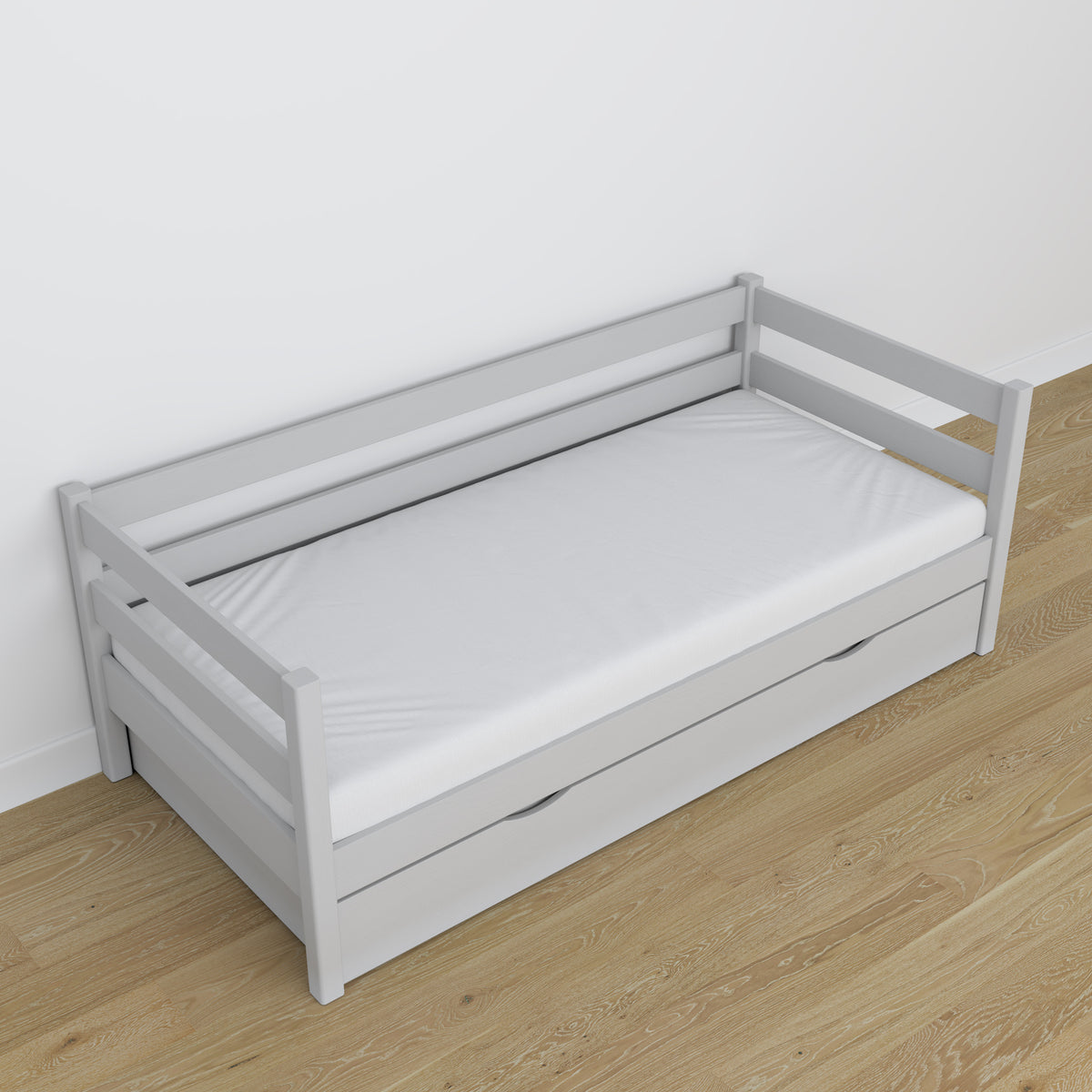 Sofa-lit avec tiroir en bois gris – décoration de chambre d'enfant scandinave