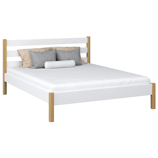 Wooden double bed N01 white/oak – overall view, solid wood