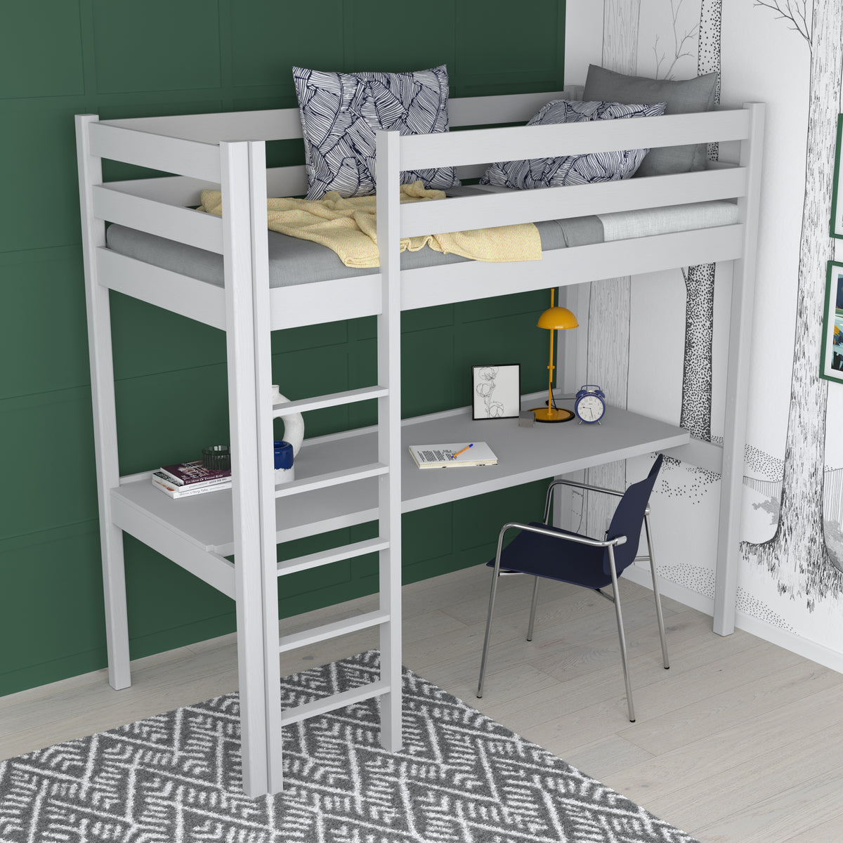 Lit mezzanine gris – bureau en bois pod chambre, chambre d'enfant scandinave