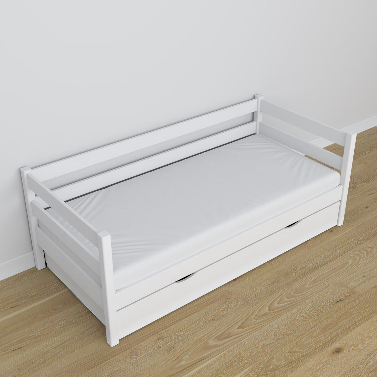 Sofa-lit blanc – détails en bois i assemblages, Nizio Home