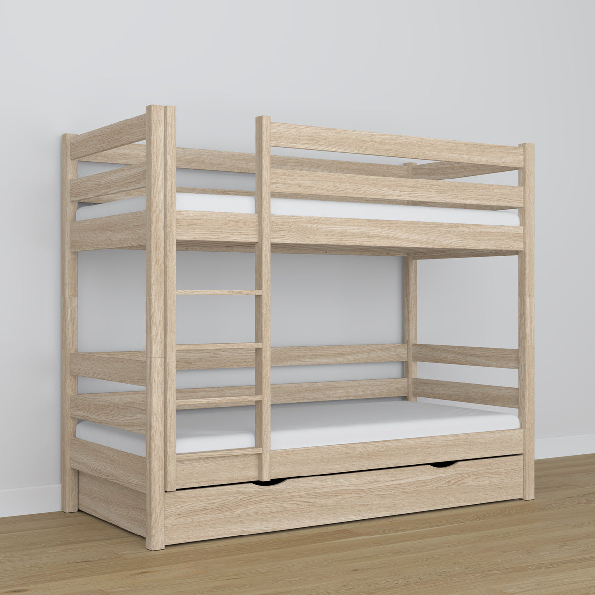 Lit superposé avec tiroir chêne blanchi en chêne – design scandinave, Nizio