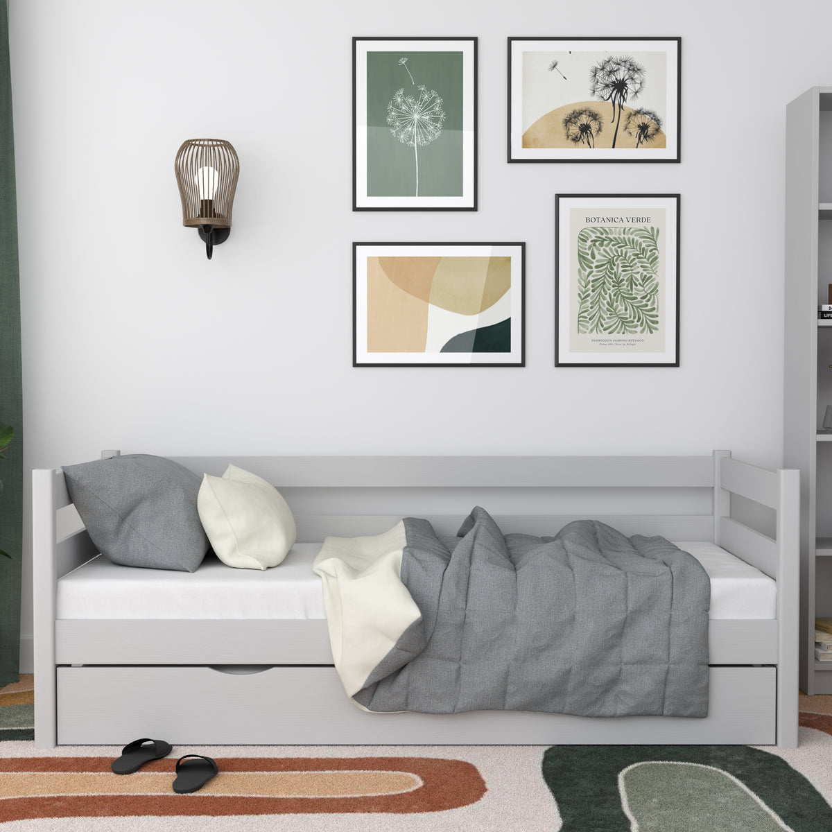 Sofa-lit gris – barrière latérale en bois, vue de côté, Nizio