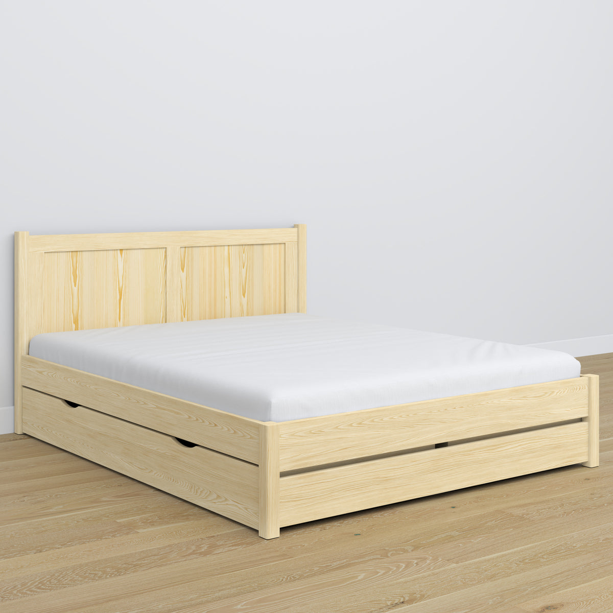 Lit double pin incolore z tiroir – tête de lit en bois, gros plan