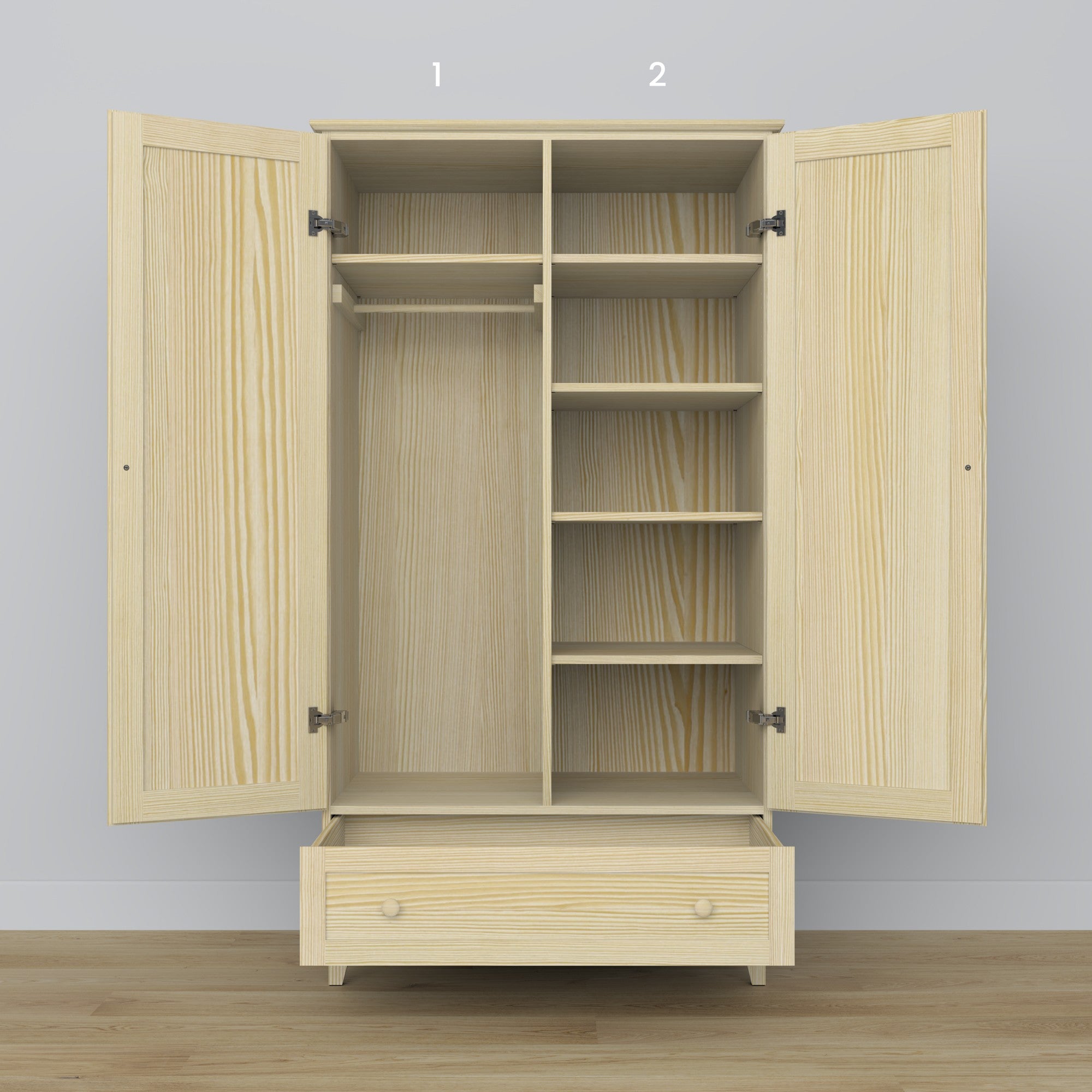 Wardrobe 2D1S pine clear pine – open doors, hanging rail and internal shelves