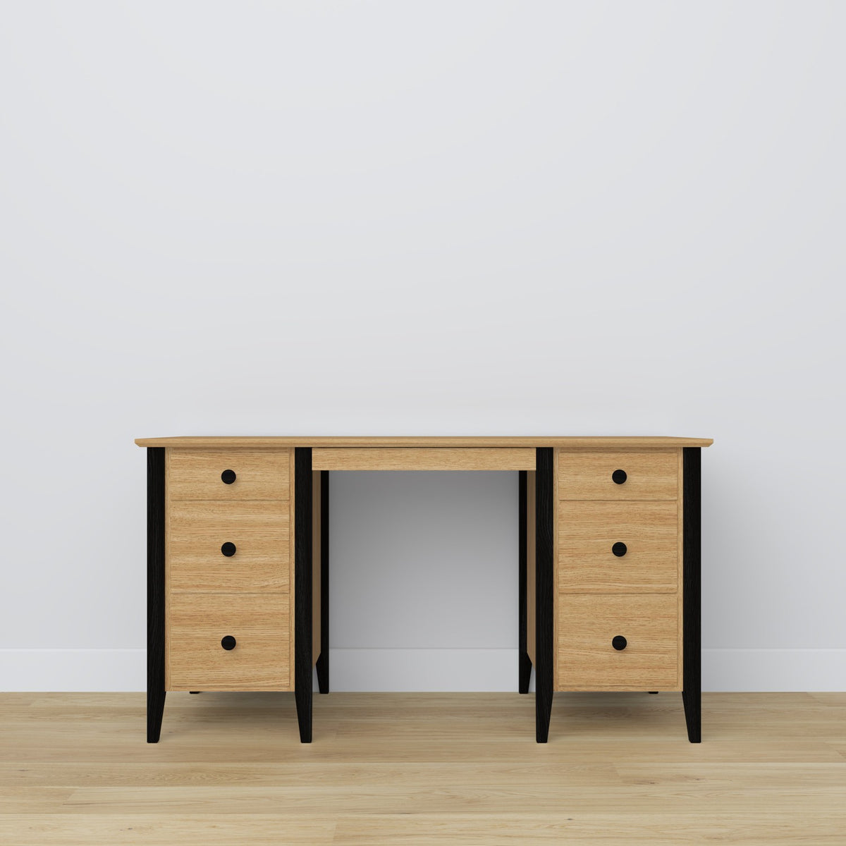 Desk 6S natural oak with black oak wood – side view, tabletop depth