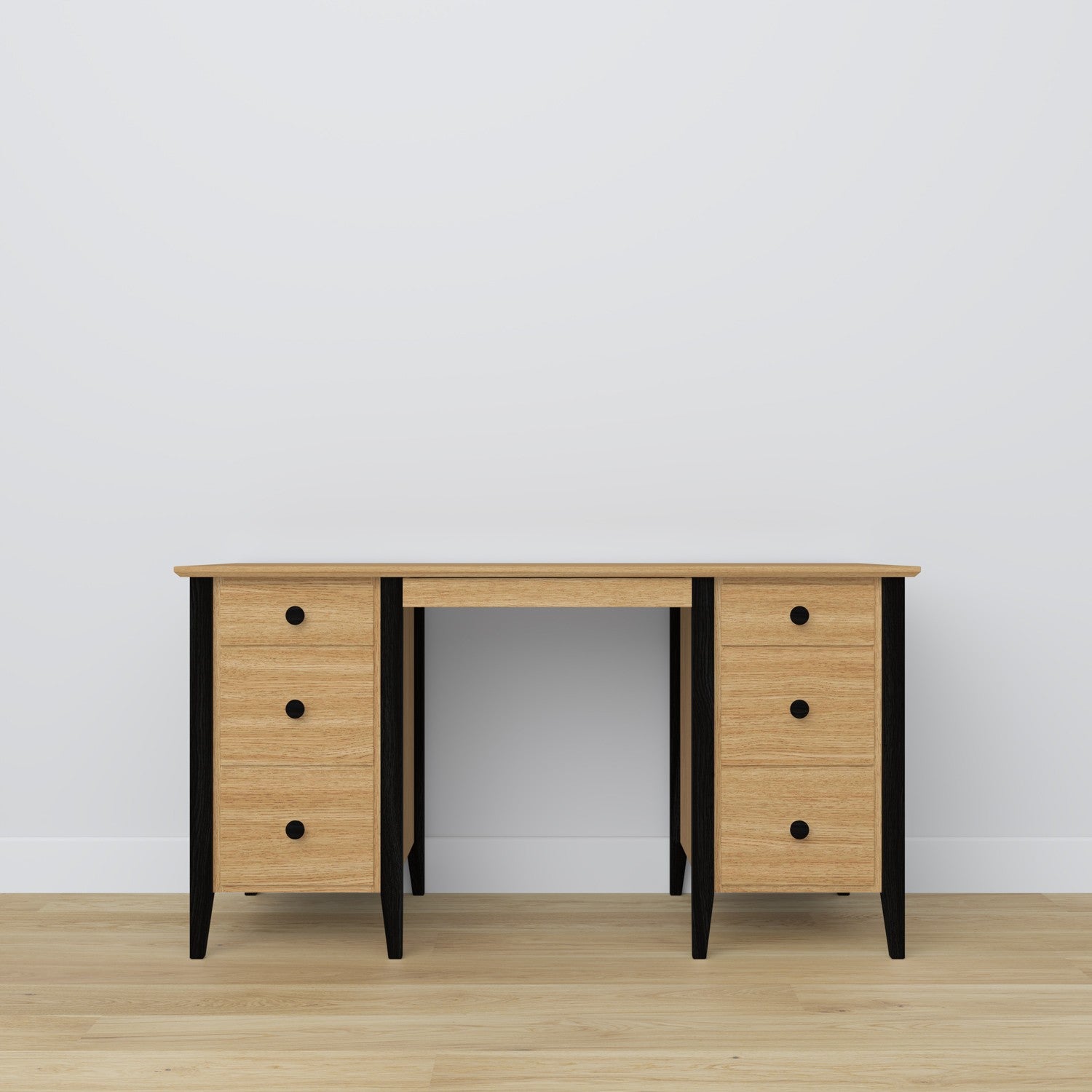 Desk 6S natural oak with black oak wood – side view, tabletop depth