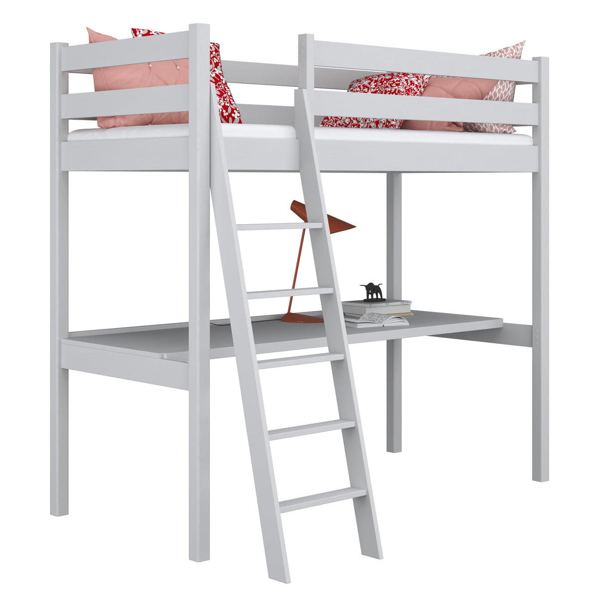 Lit mezzanine gris avec bureau – espace d'apprentissage sous la chambre, en bois