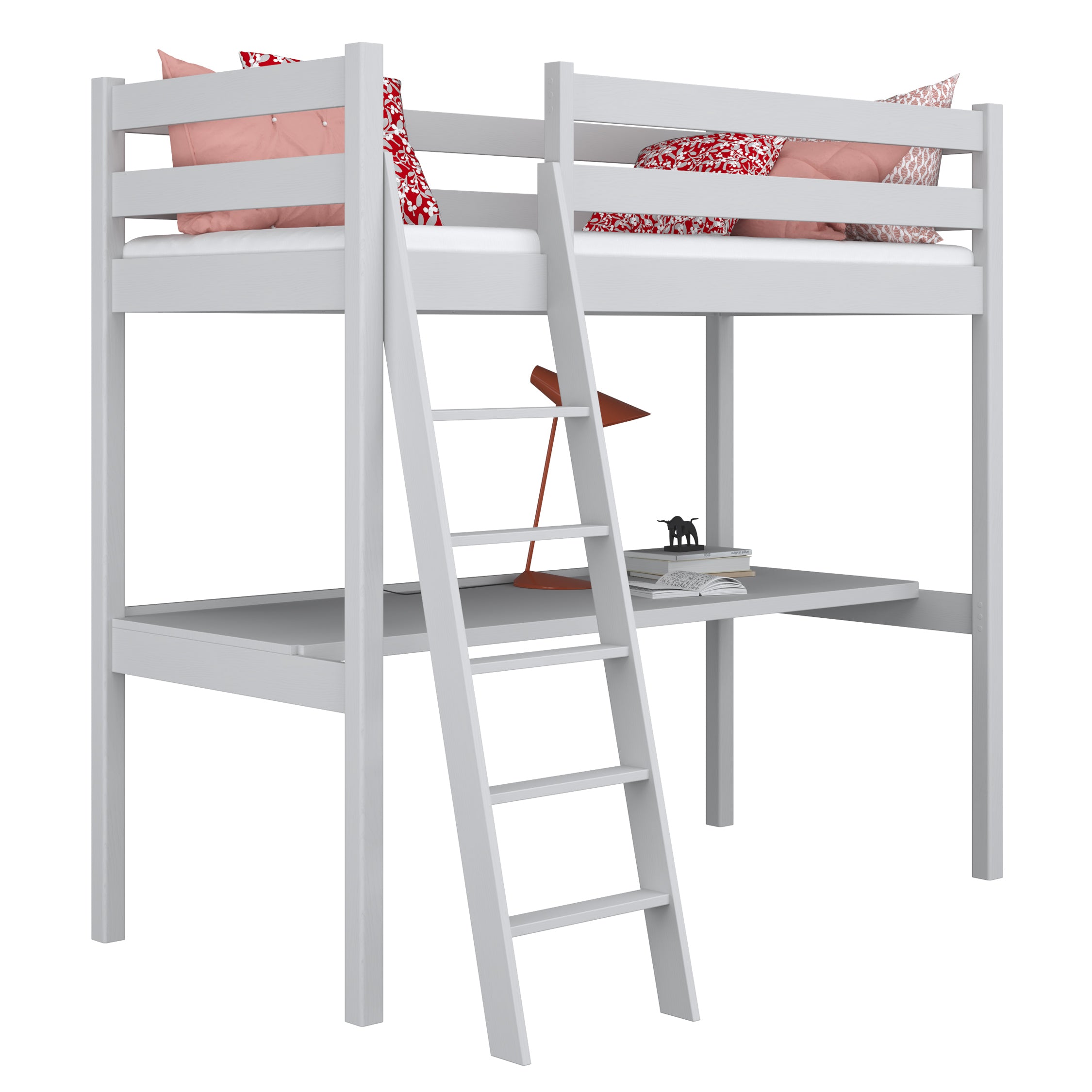 Lit mezzanine gris avec bureau – espace d'apprentissage sous la chambre, en bois