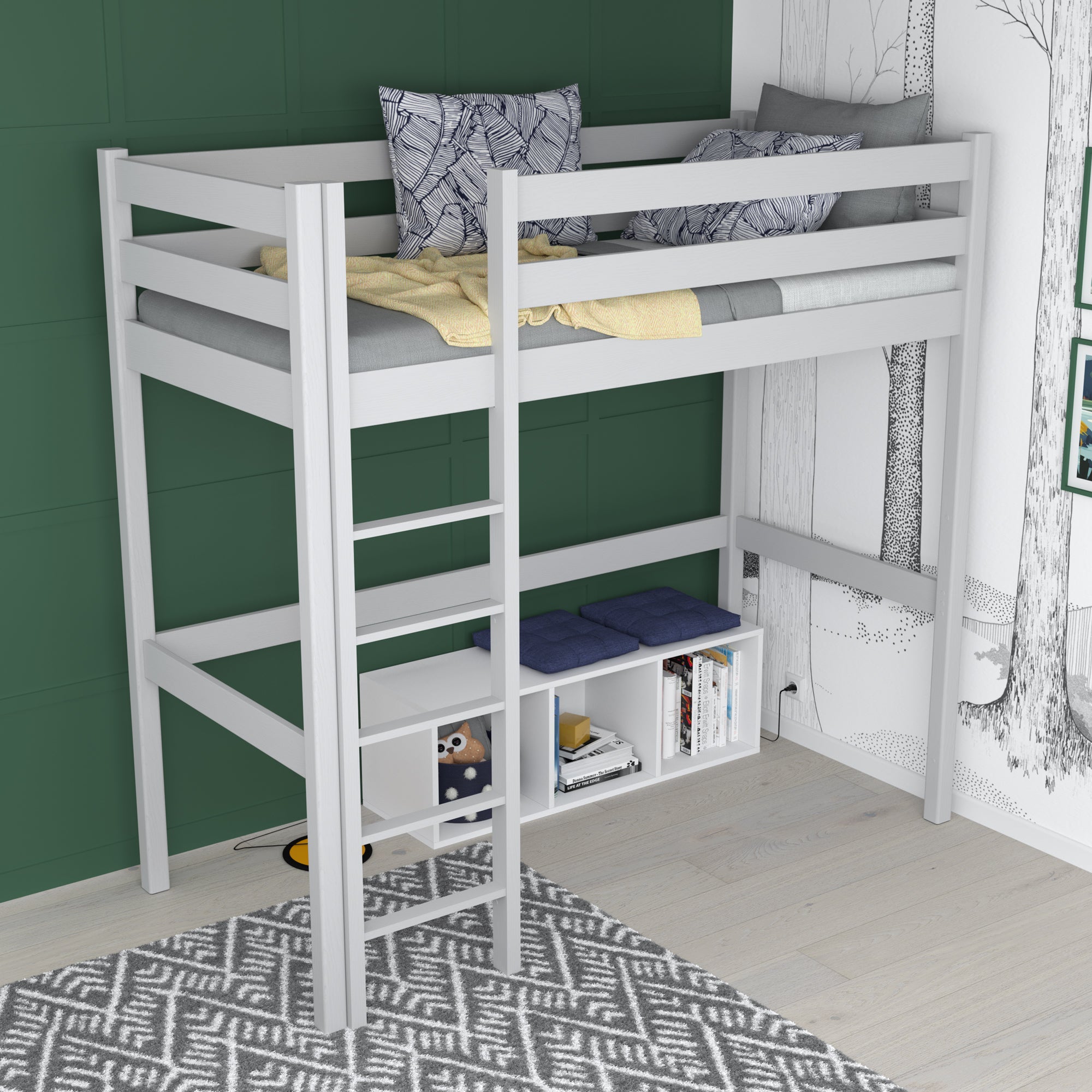 Lit mezzanine gris dans la chambre d'enfant – décoration scandinave, en bois