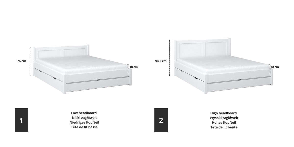 Lit double avec tiroir en bois blanc – vue en biais, chambre scandinave