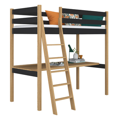 Lit mezzanine avec bureau en bois noir-chêne – chambre d'enfant, scandinave Nizio