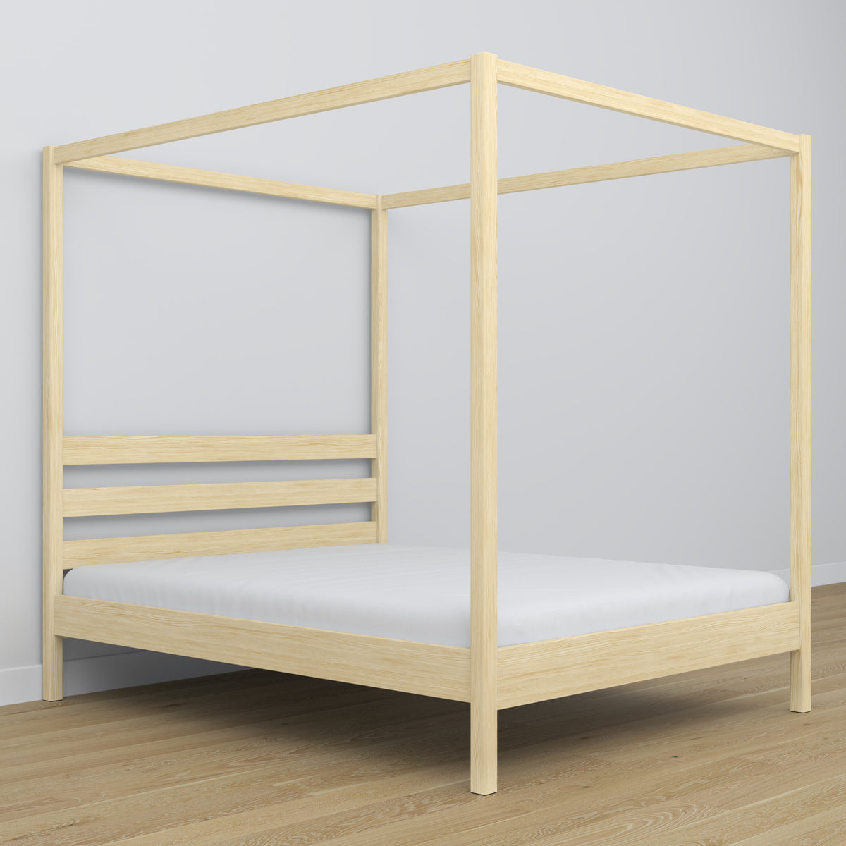 Lit double pin incolore avec baldaquin – cadre décoratif en bois, scandinave