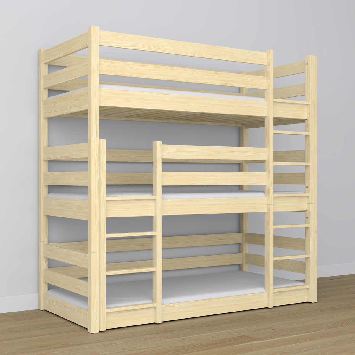 Lit superposé 3 niveaux en bois pin incolore – utilisation maximale de l'espace