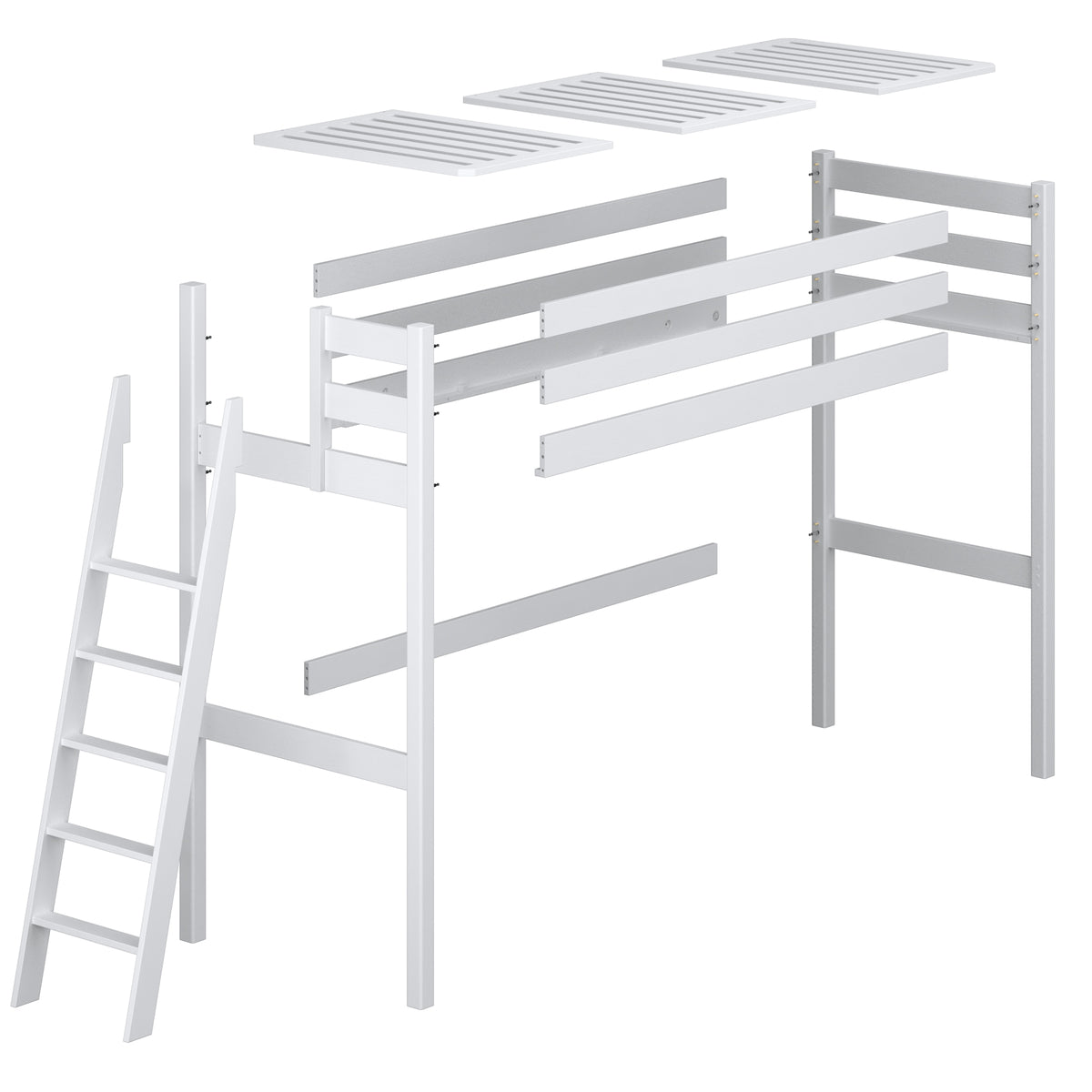 Lit mezzanine blanc – montants et assemblages en bois, gros plan sur la qualité