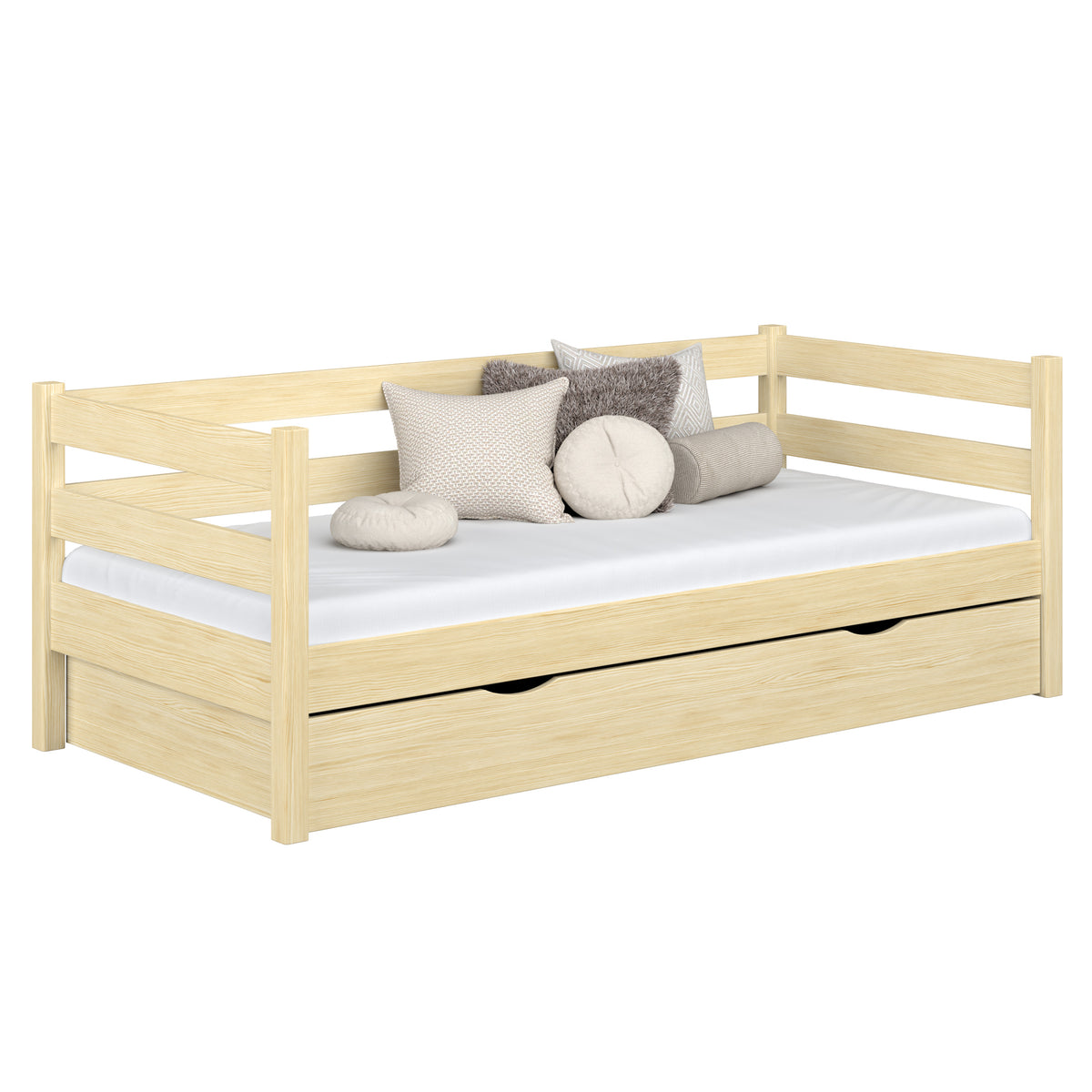Sofa-lit en bois pin incolore – tiroir ouvert, rangement pour literie