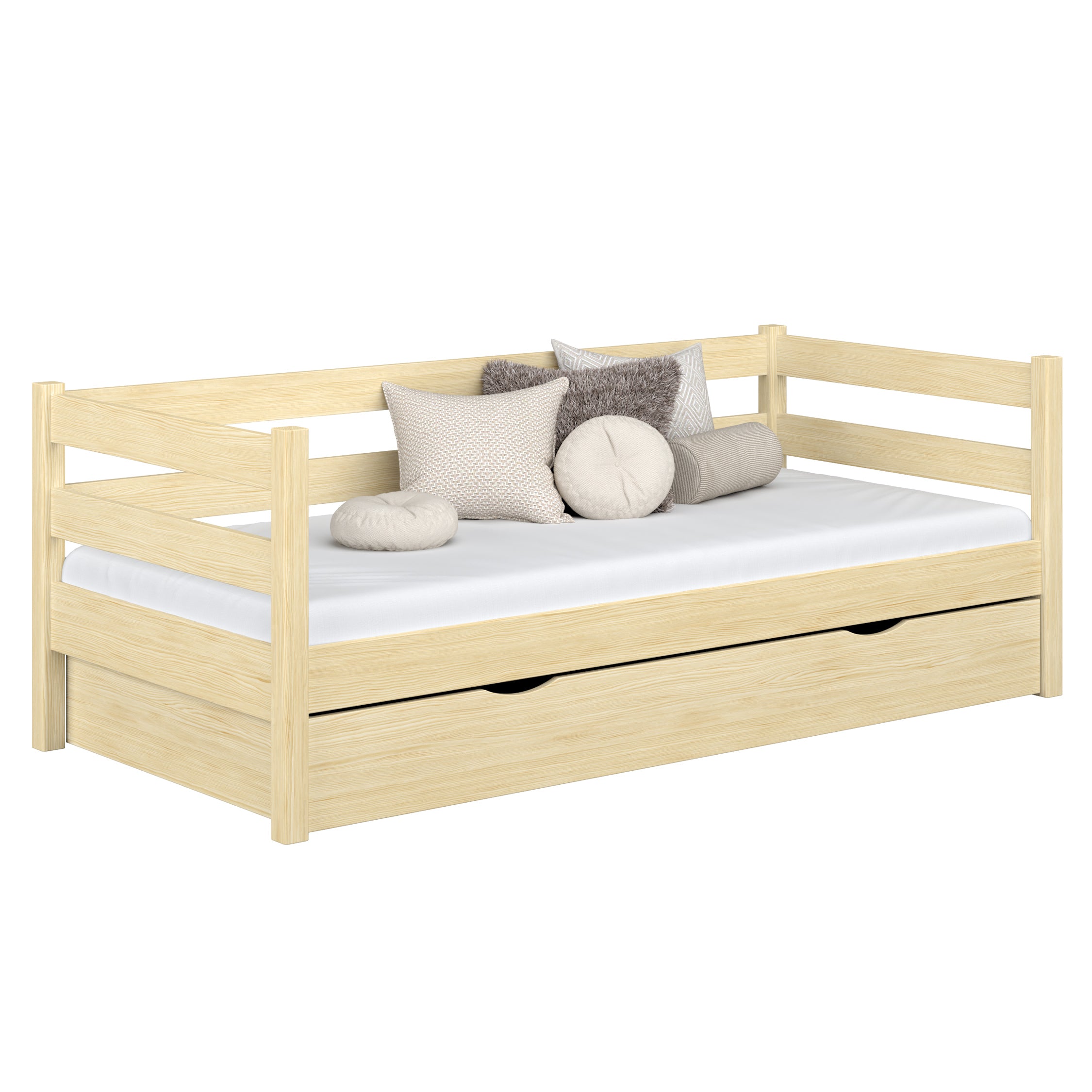 Sofa-lit en bois pin incolore – tiroir ouvert, rangement pour literie