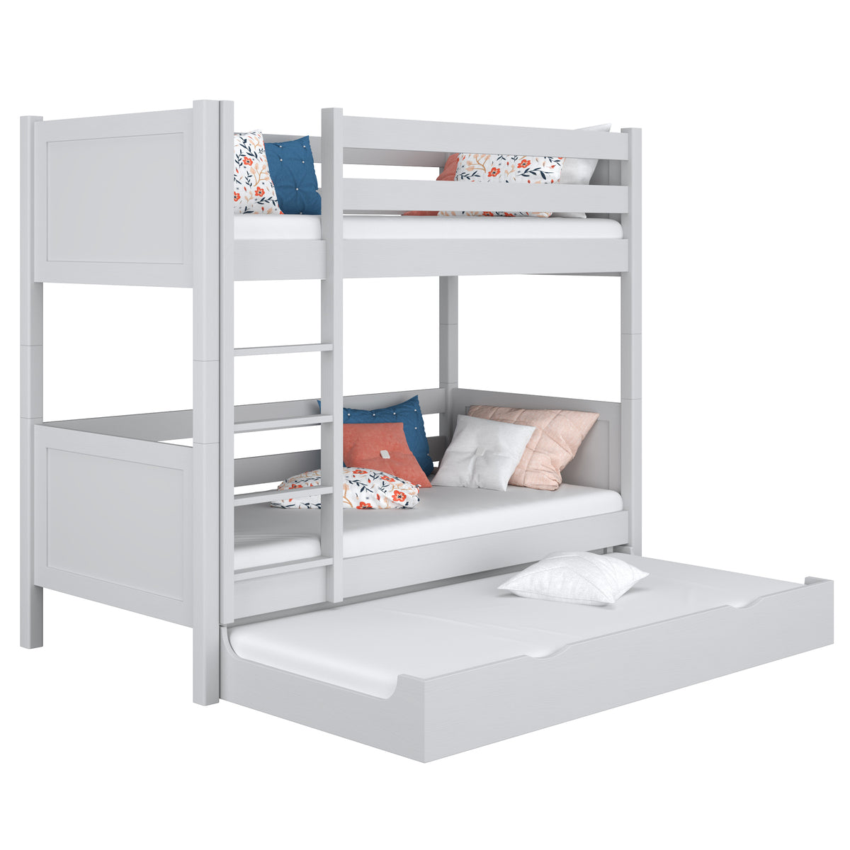 Lit superposé en bois gris – échelle, barrières, tiroir na dodatkowy matelas