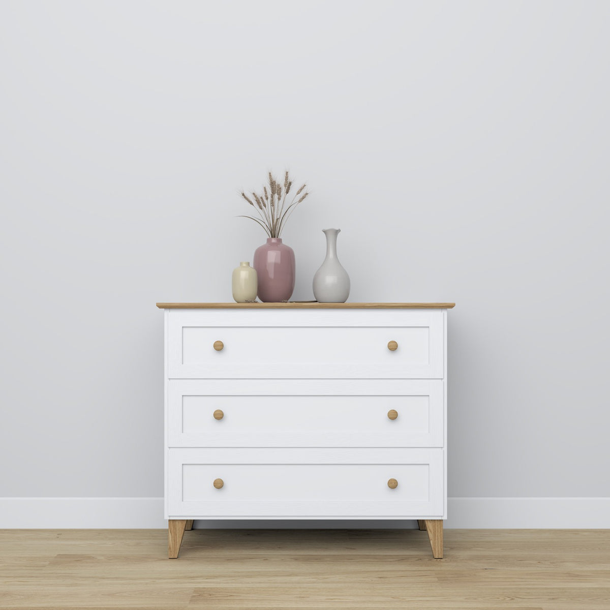 Commode 3S blanc avec chêne en bois – vue de côté, kompaktowa forme