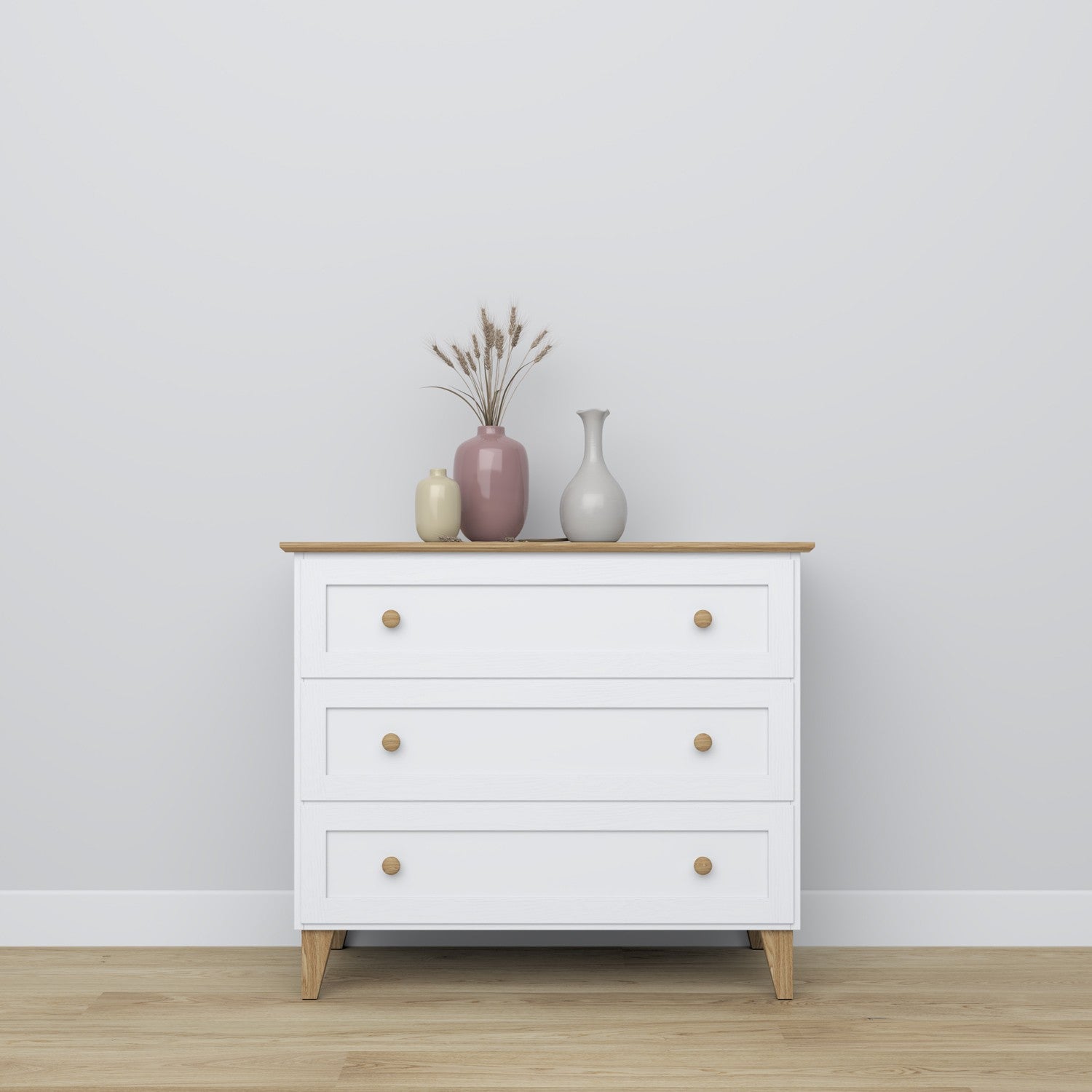 Commode 3S blanc avec chêne en bois – vue de côté, kompaktowa forme