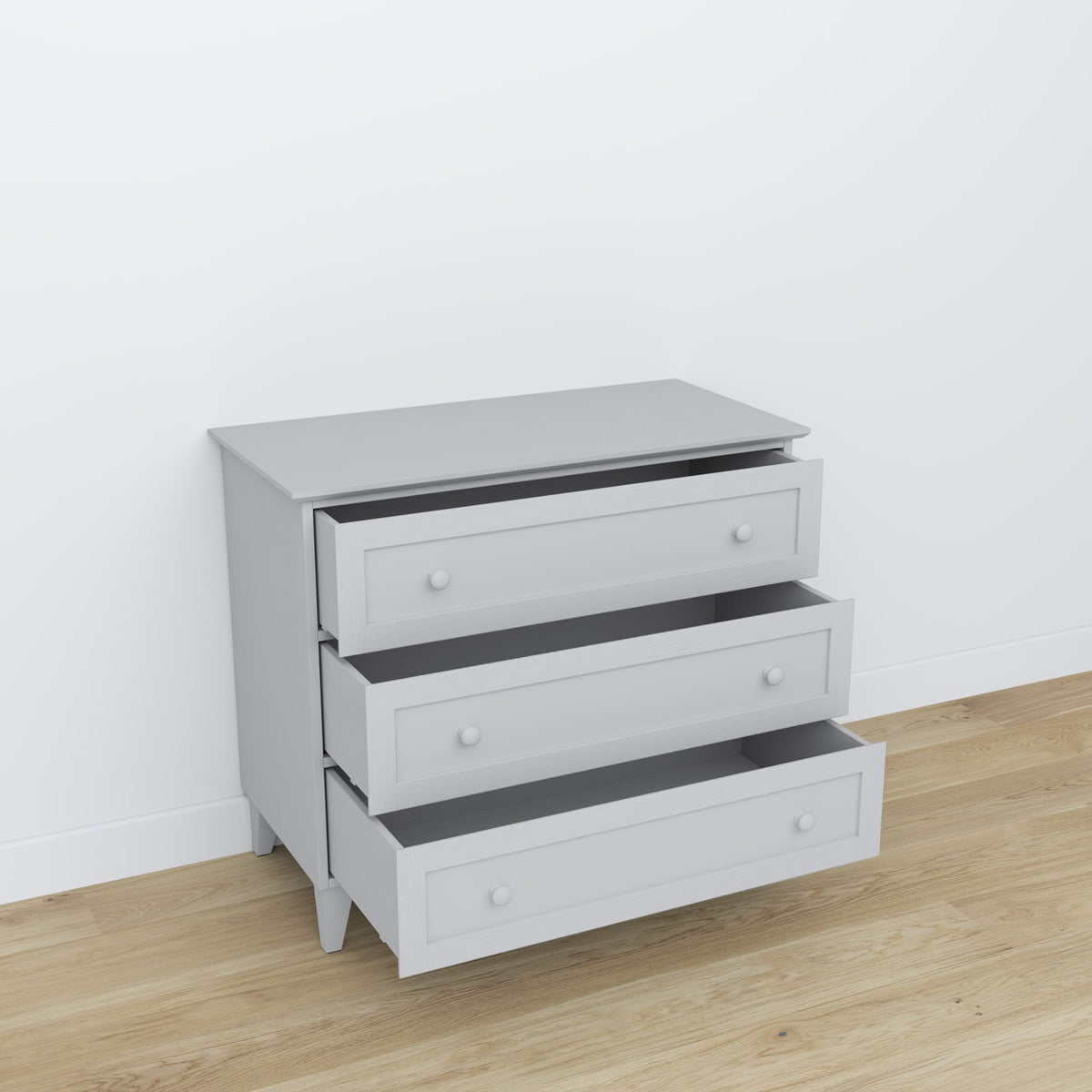Commode 3S en bois gris – szuflady otwarte, pojemne l'intérieur rangements