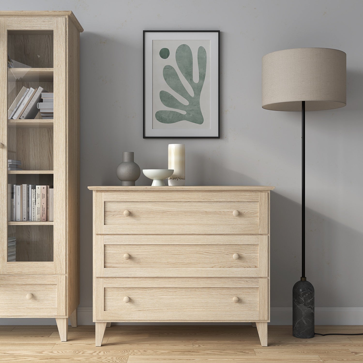 Commode 3S chêne blanchi – en chêne, szuflady fermé, vue frontale, Nizio