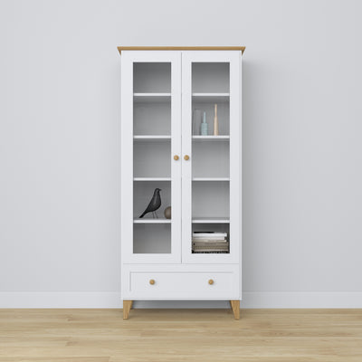 Display cabinet with drawer wooden white with oak 90 cm – living room, Scandinavian style Nizio