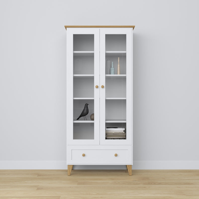 Display cabinet with drawer wooden white with oak 90 cm – living room, Scandinavian style Nizio