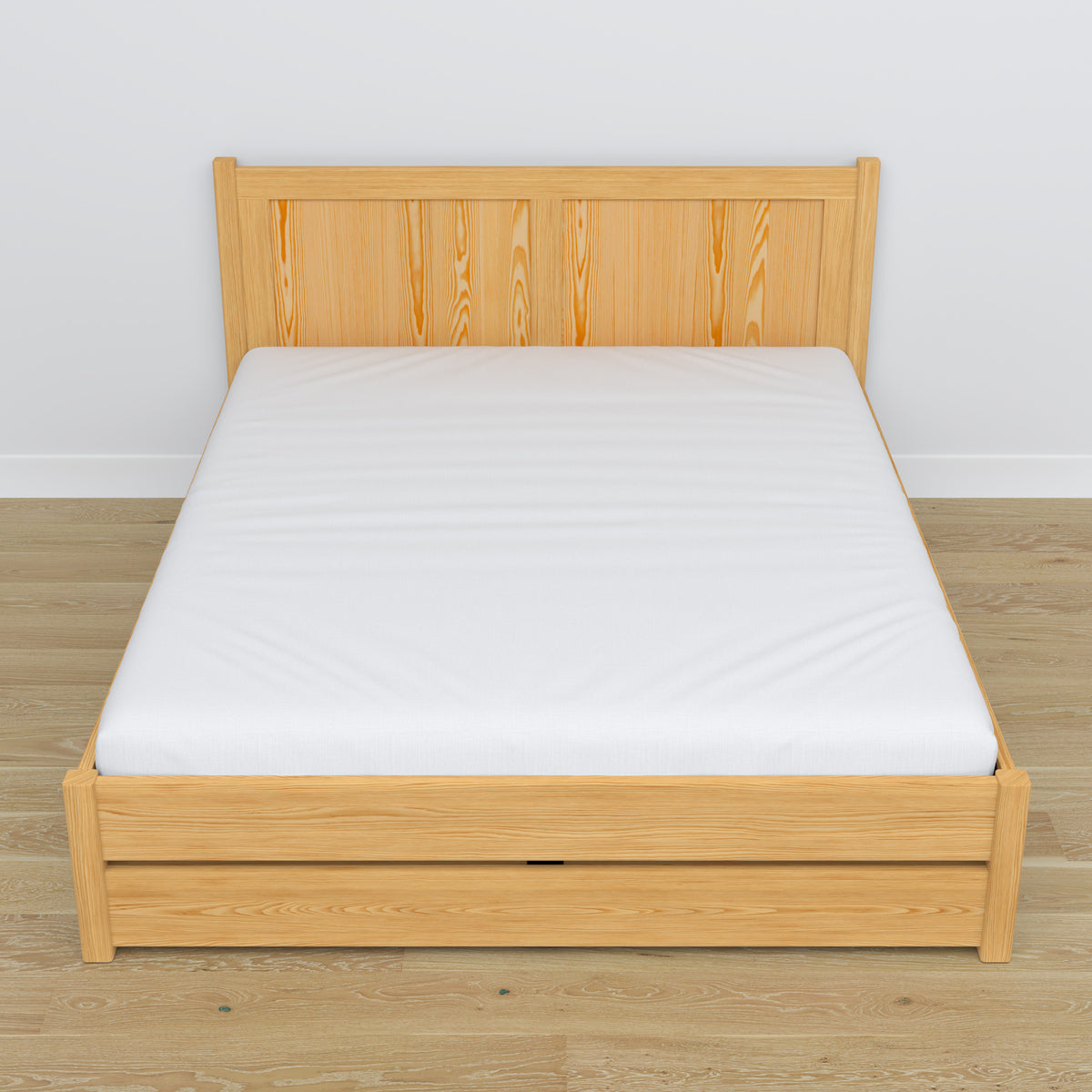 Lit double avec tiroir en bois pin naturel – vue en biais, chambre scandinave