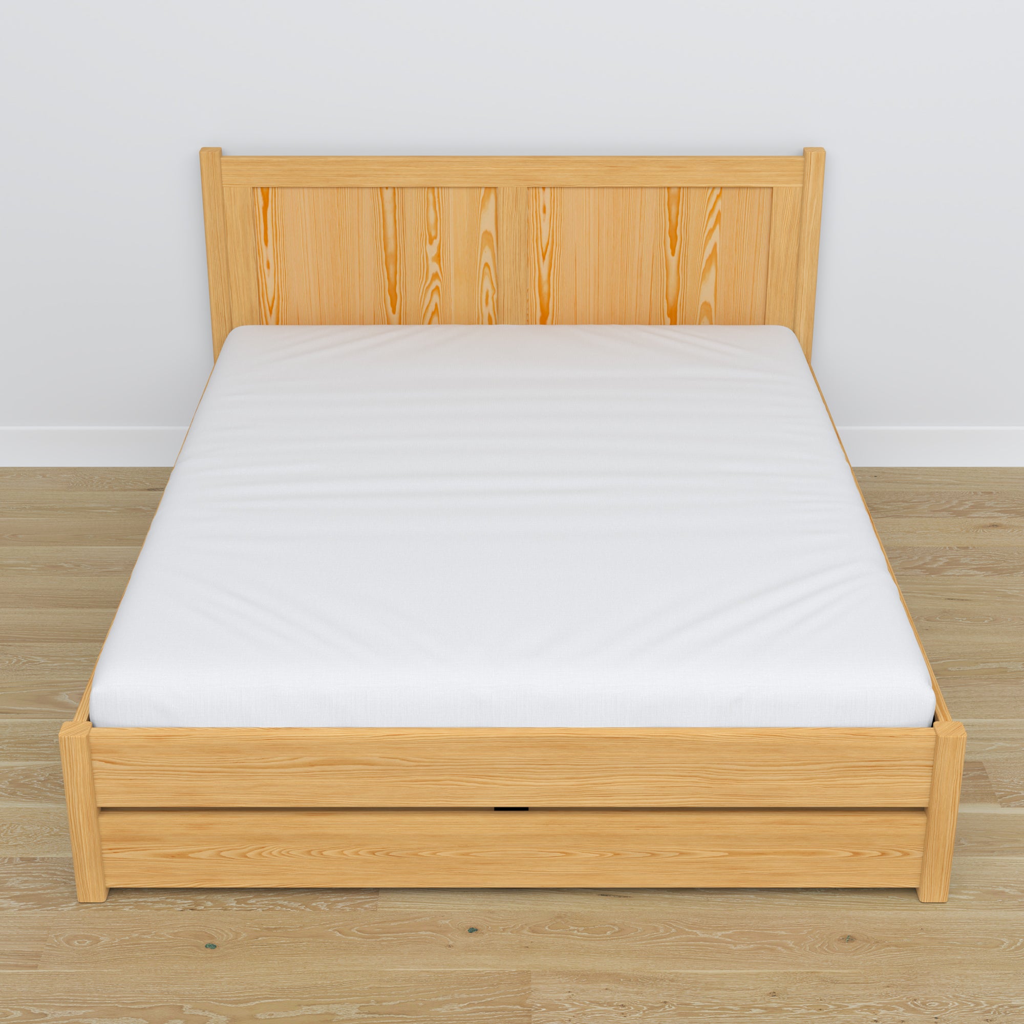 Lit double avec tiroir en bois pin naturel – vue en biais, chambre scandinave