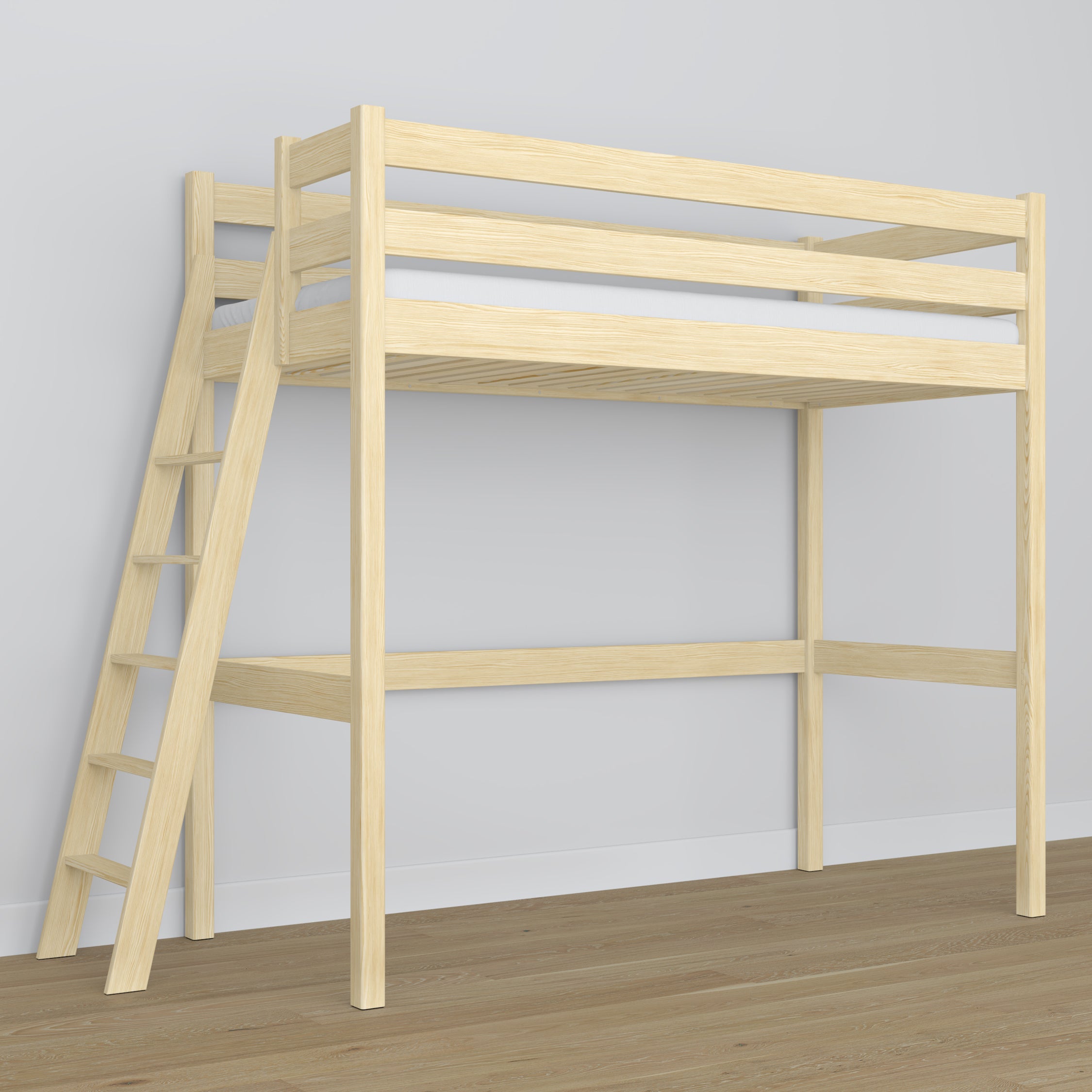 Lit mezzanine en bois pin incolore – détails des assemblages et de l'échelle, Nizio Home