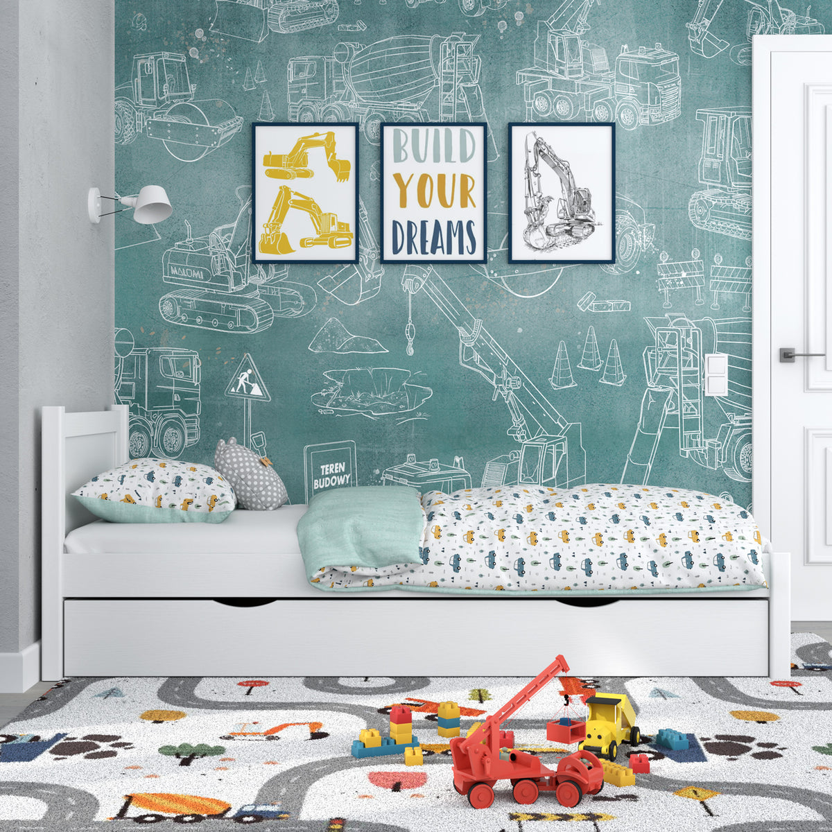Lit blanc z tiroir – vue de côté, en bois, Nizio Home