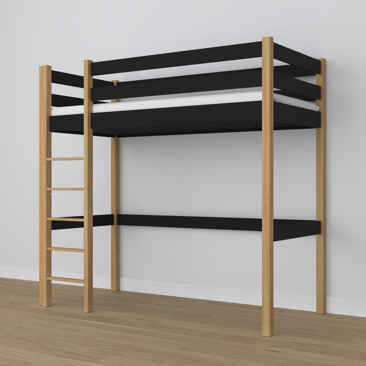 Lit mezzanine noir-chêne en bois – vue du dessus na chambre