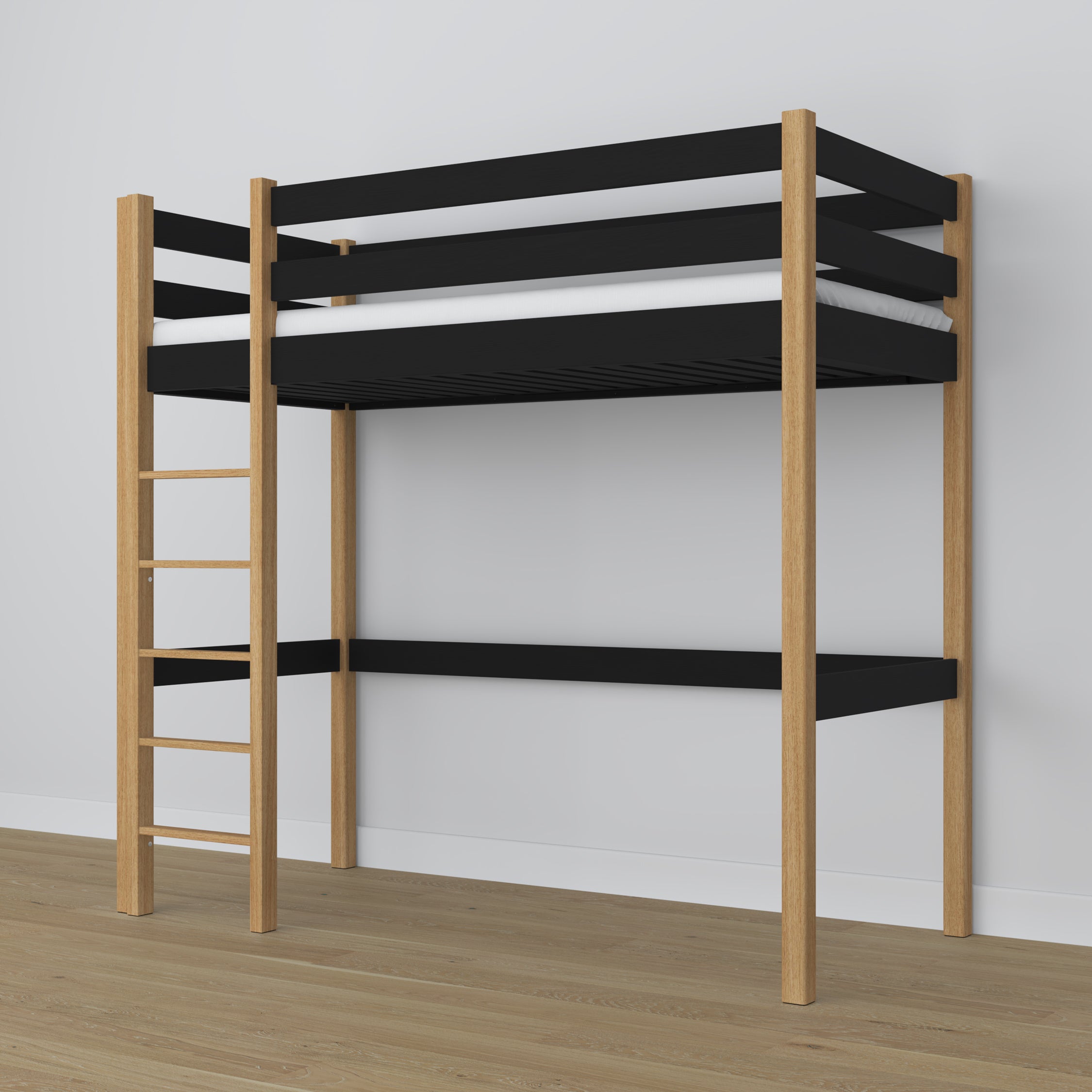 Lit mezzanine noir-chêne en bois – vue du dessus na chambre