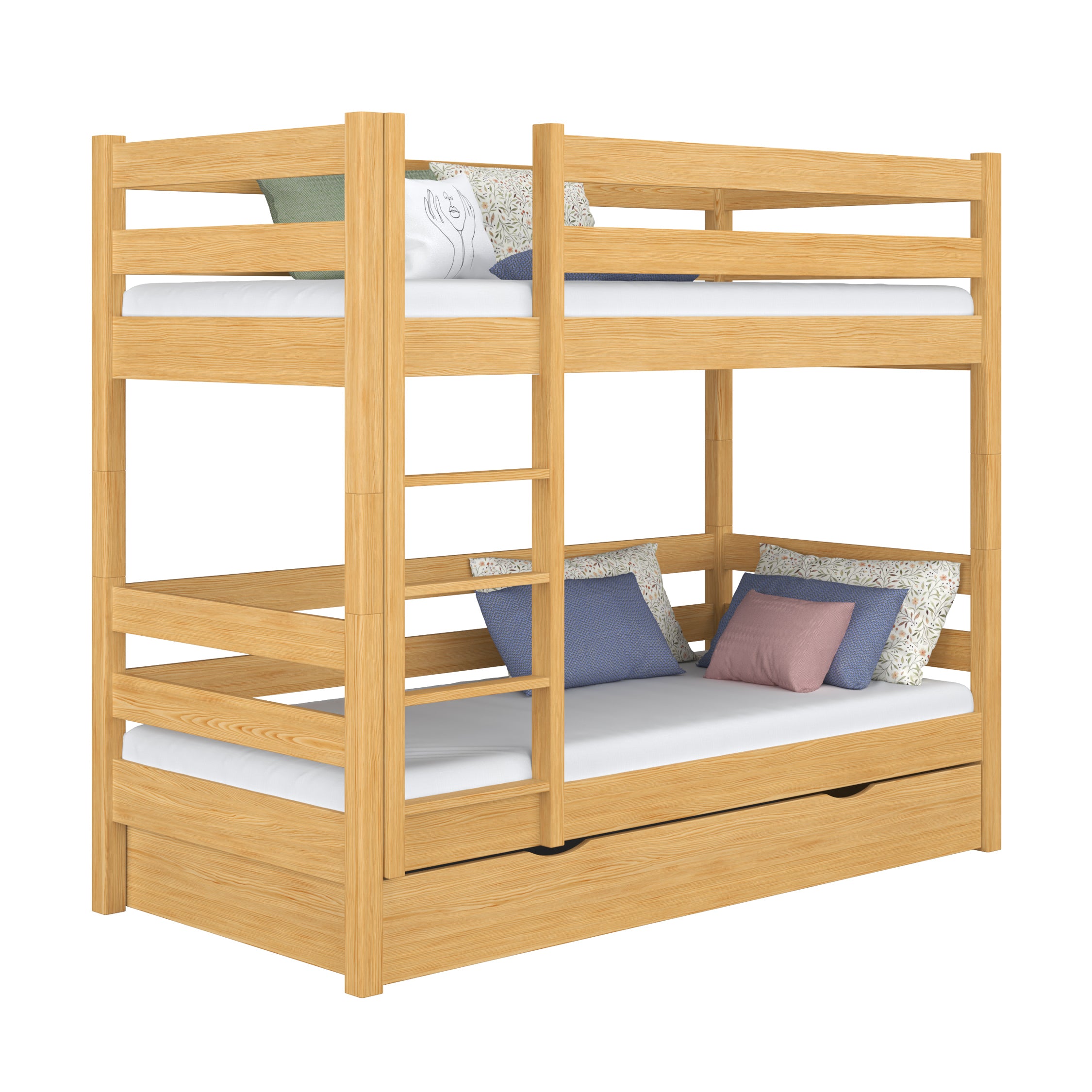 Lit superposé avec tiroir en bois pin naturel – chambre d'enfant, bois massif, scandinave