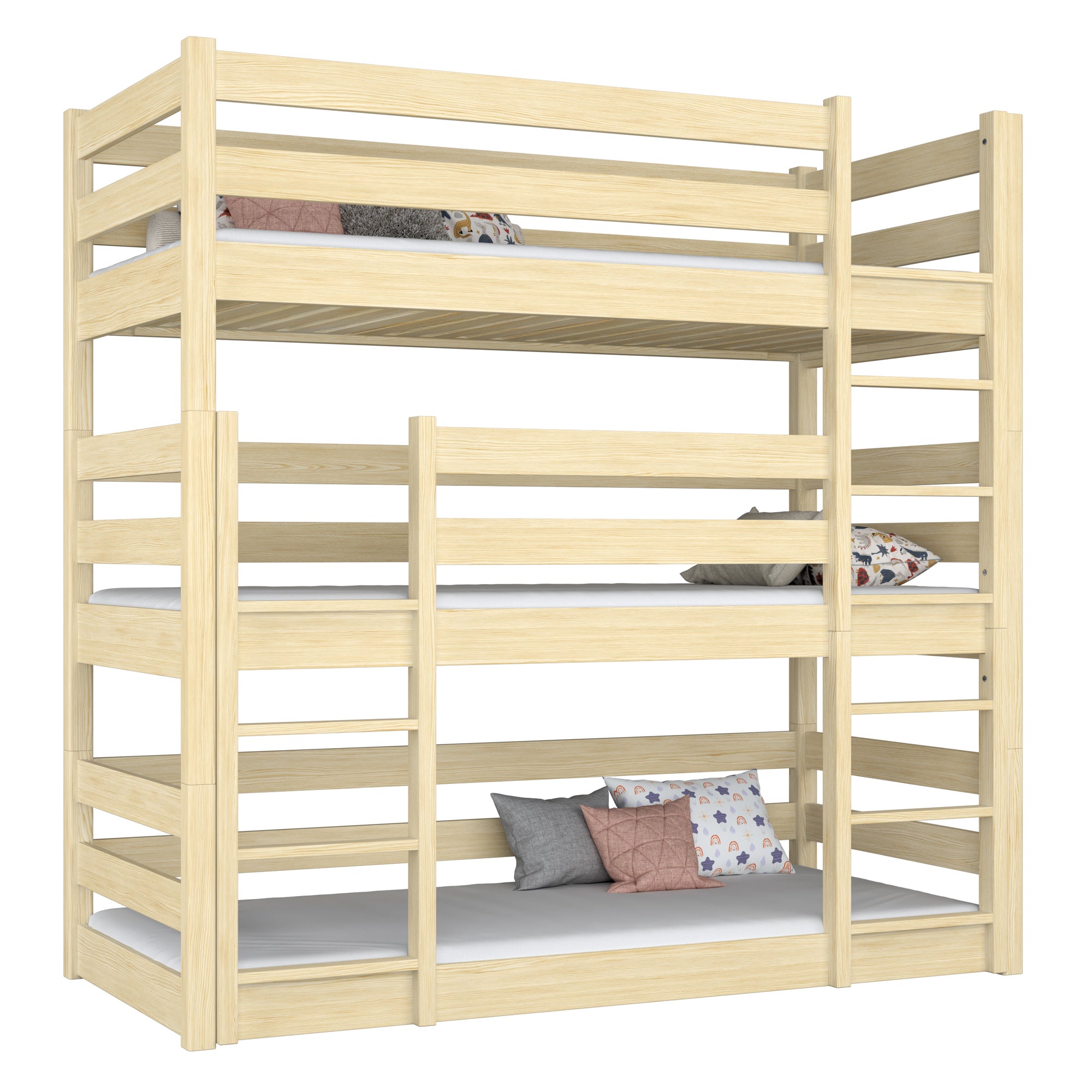 Lit superposé 3 niveaux en bois pin incolore – trois couchages, chambre d'enfant scandinave