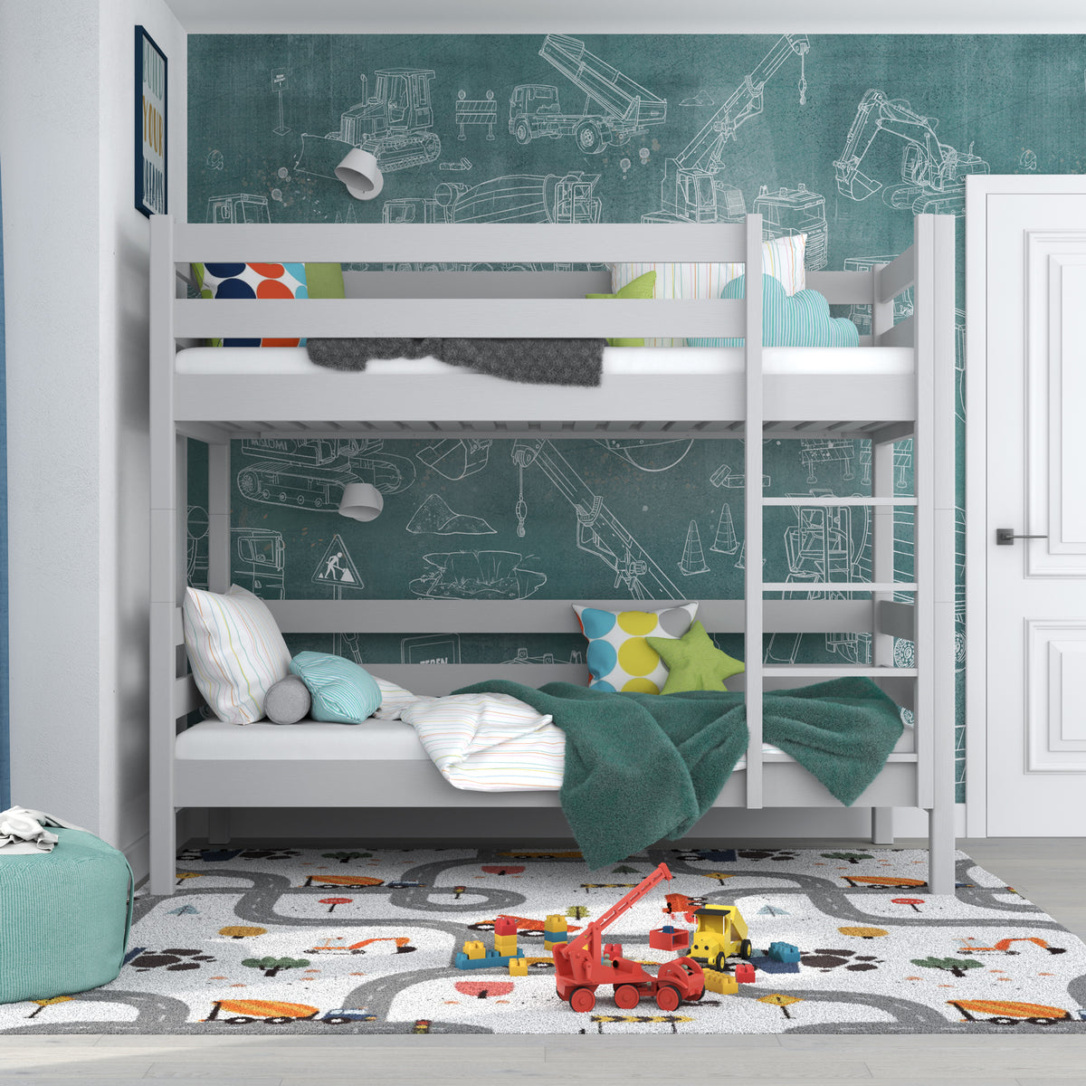 Lit superposé en bois gris – chambre d'enfant, bois massif, style scandinave