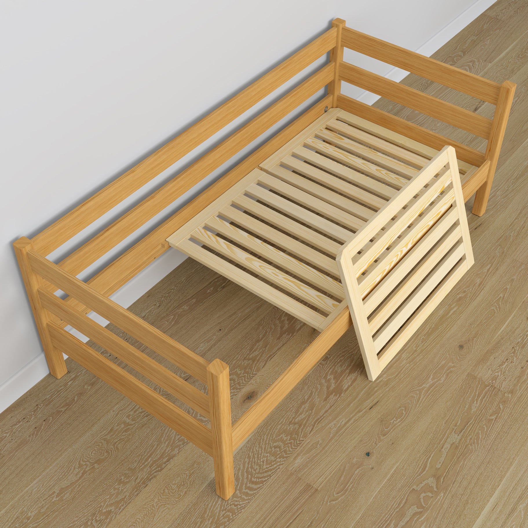 Sofa-lit en bois pin naturel – vue de la tête de lit, chambre d'enfant