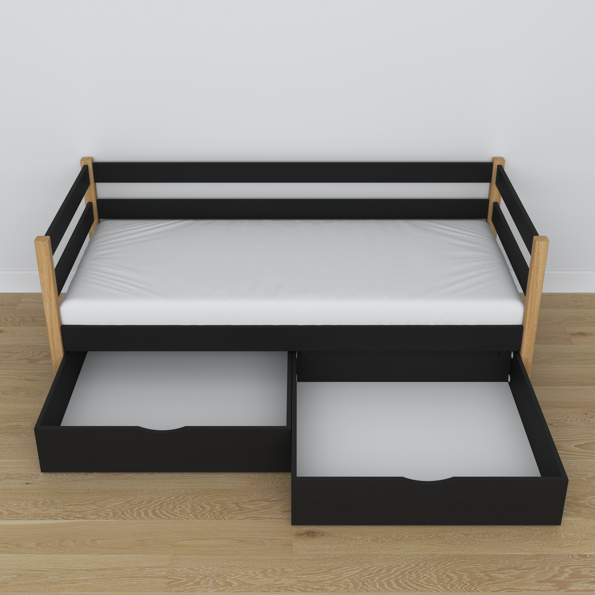 Sofa-lit en bois noir-chêne – vue en biais, scandinave