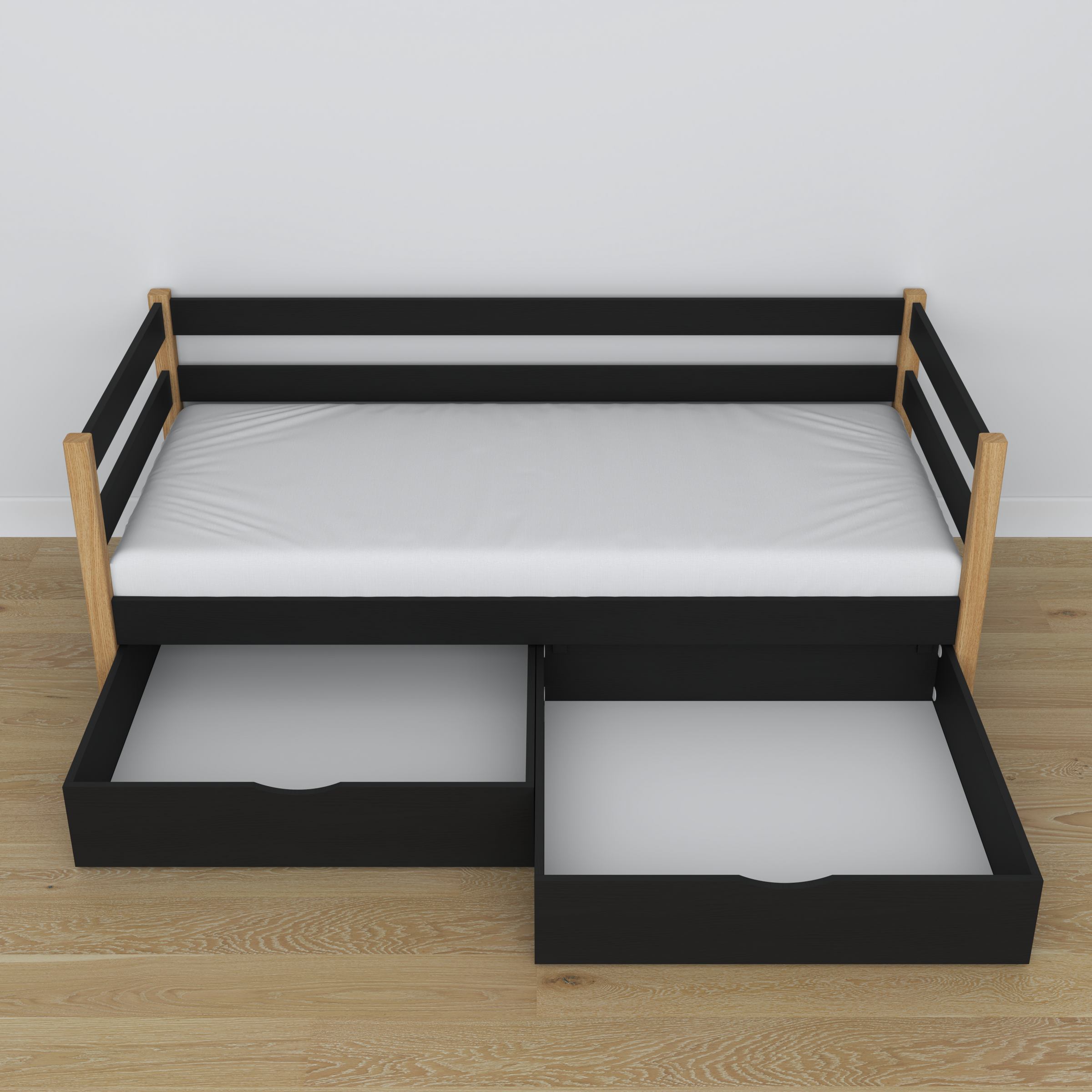 Sofa-lit en bois noir-chêne – vue en biais, scandinave
