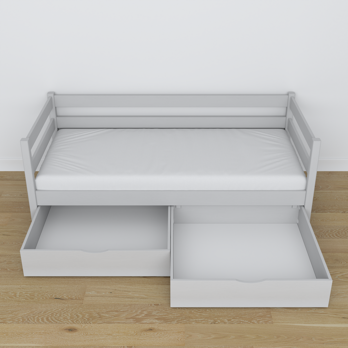 Sofa-lit en bois gris – vue en biais, scandinave