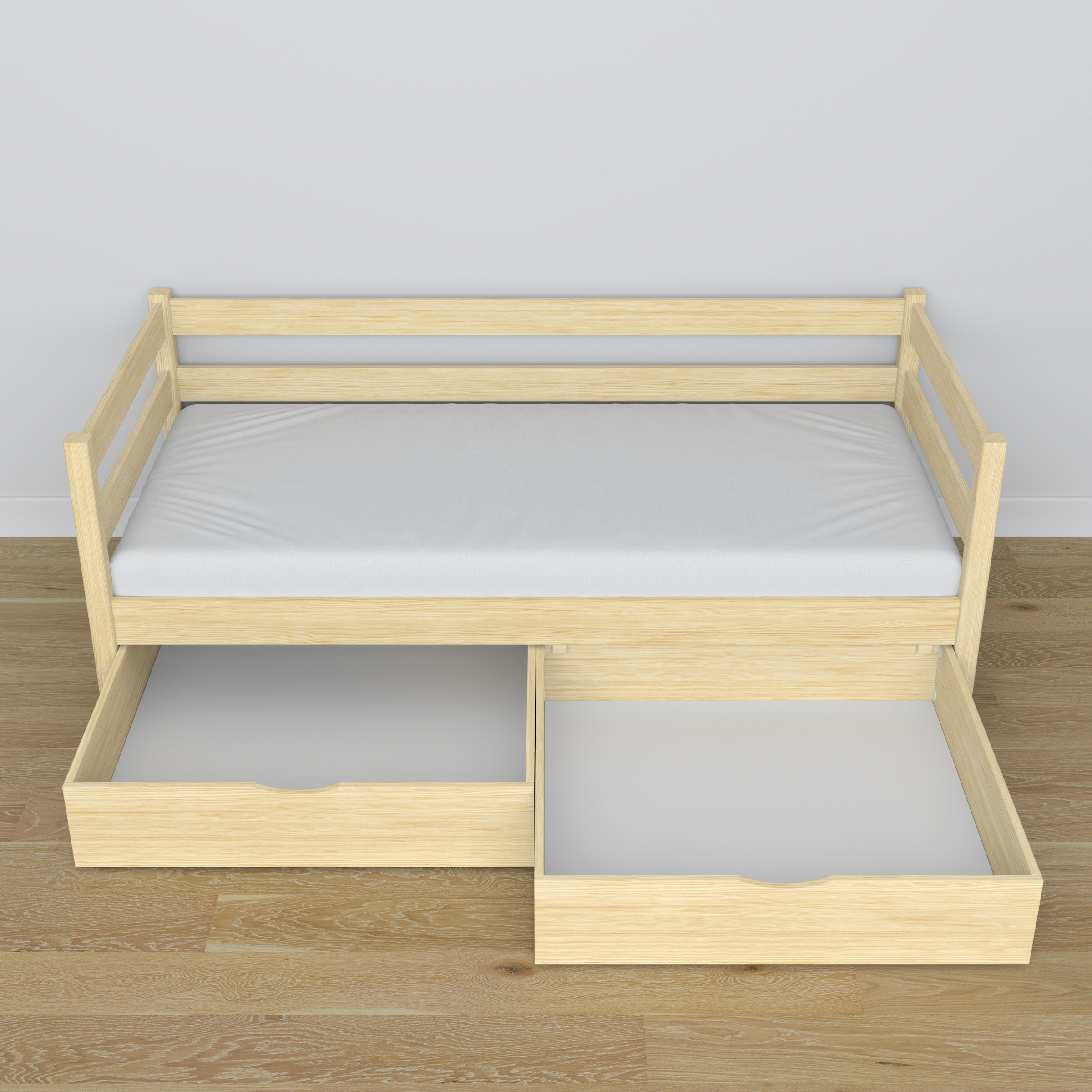 Sofa-lit en bois pin incolore – vue en biais, scandinave