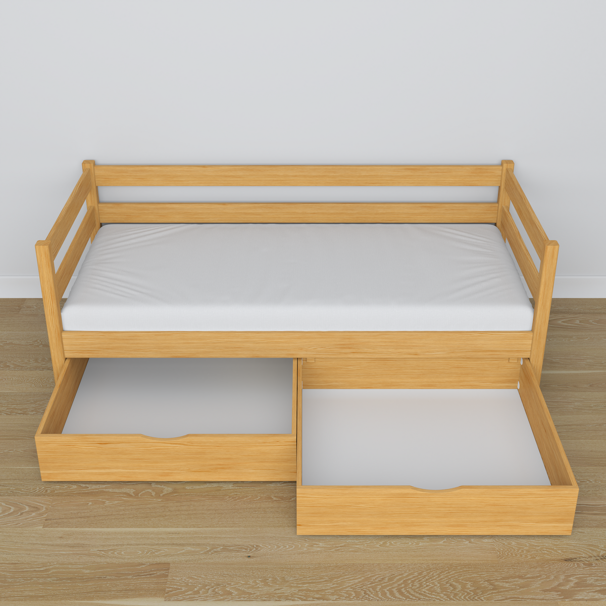 Sofa-lit en bois pin naturel – vue en biais, scandinave