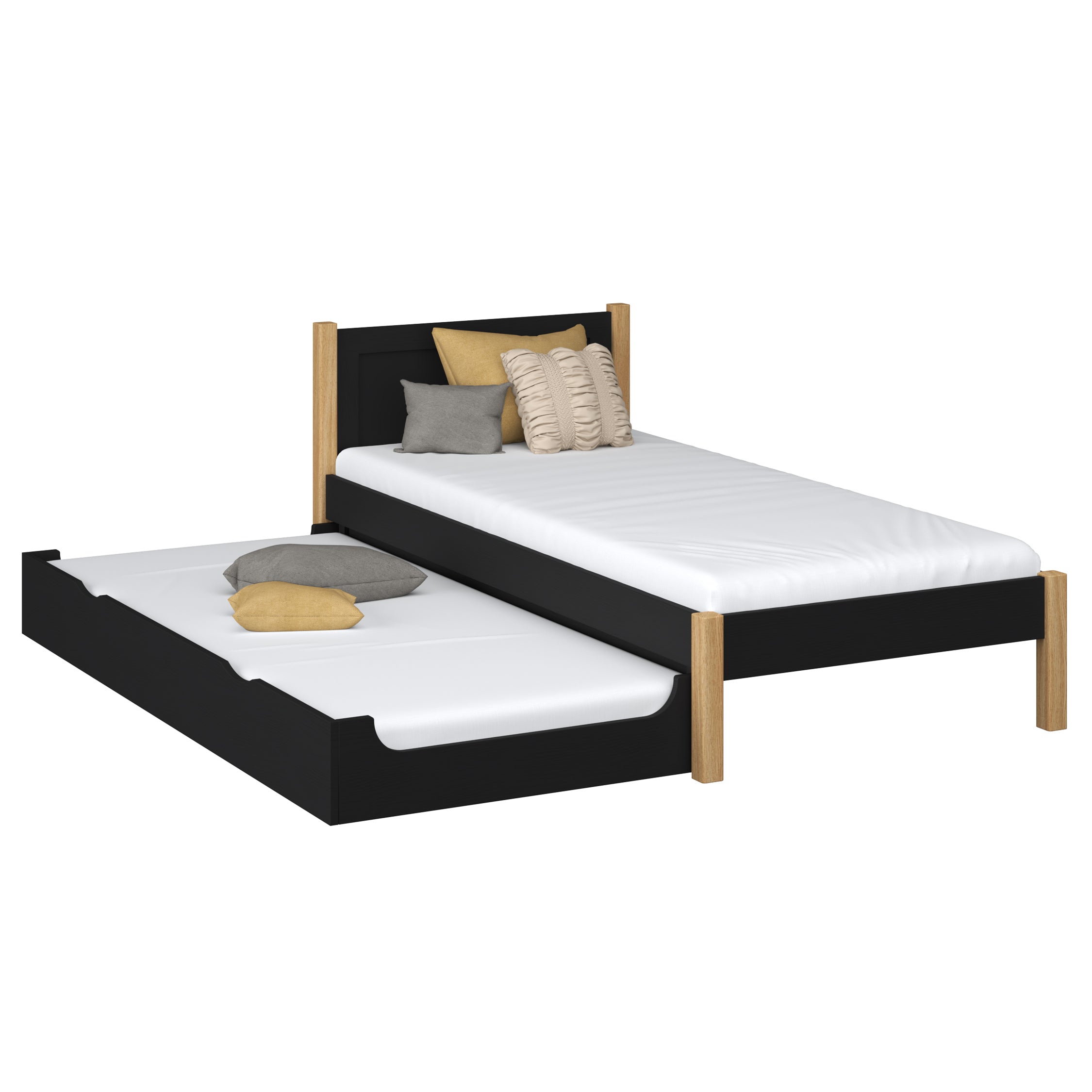 Lit avec tiroir pour matelas en bois noir-chêne – chambre d'enfant, scandinave Nizio
