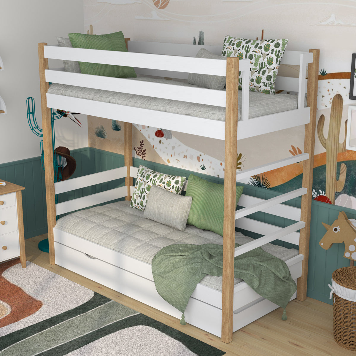 Lit superposé en bois blanc-chêne z tiroir na matelas – décoration de chambre