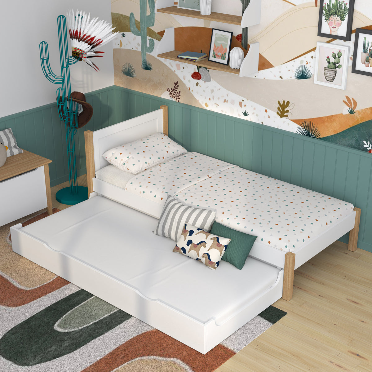 Lit avec tiroir pour matelas en bois blanc-chêne – tiroir sorti, invité