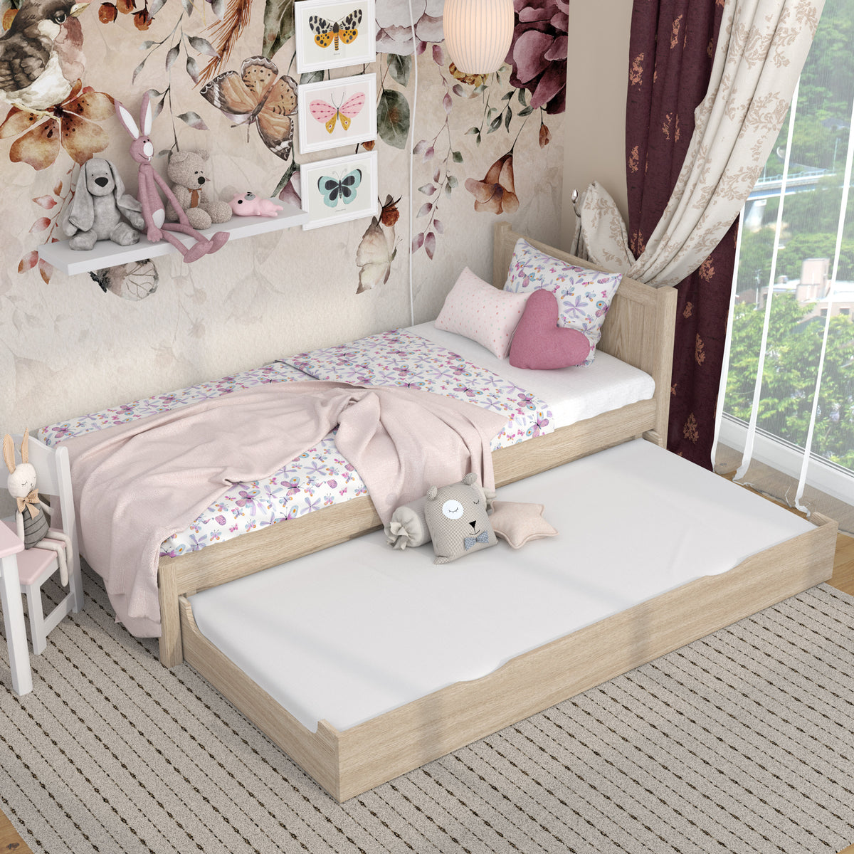 Lit avec tiroir pour matelas en chêne chêne blanchi – tiroir sorti, invité