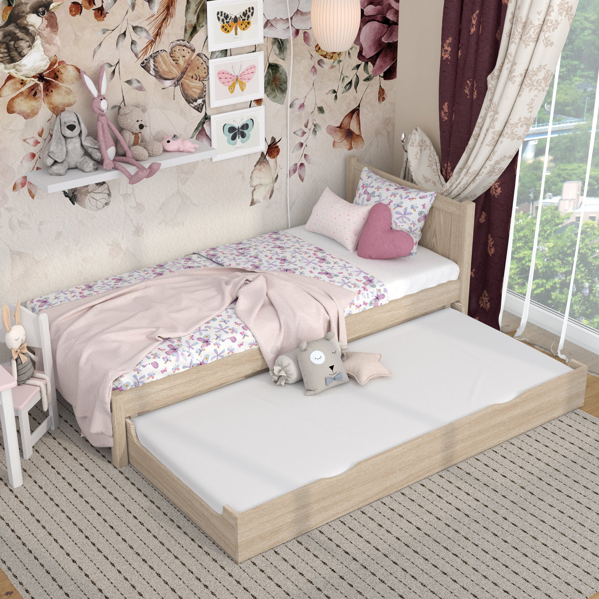 Lit avec tiroir pour matelas en chêne chêne blanchi – tiroir sorti, invité