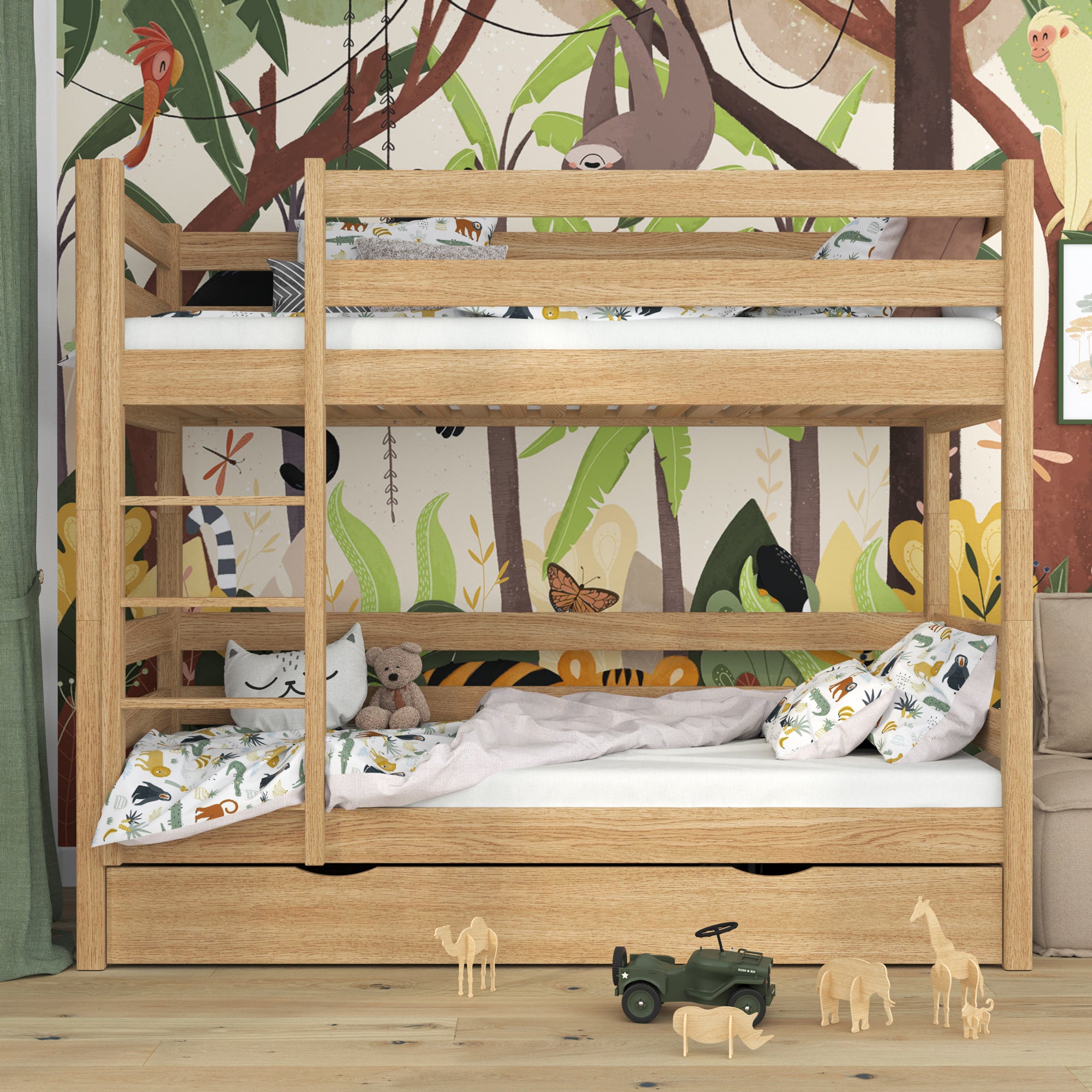 Lit superposé en chêne chêne naturel – tiroir ouvert, rangement sous le lit