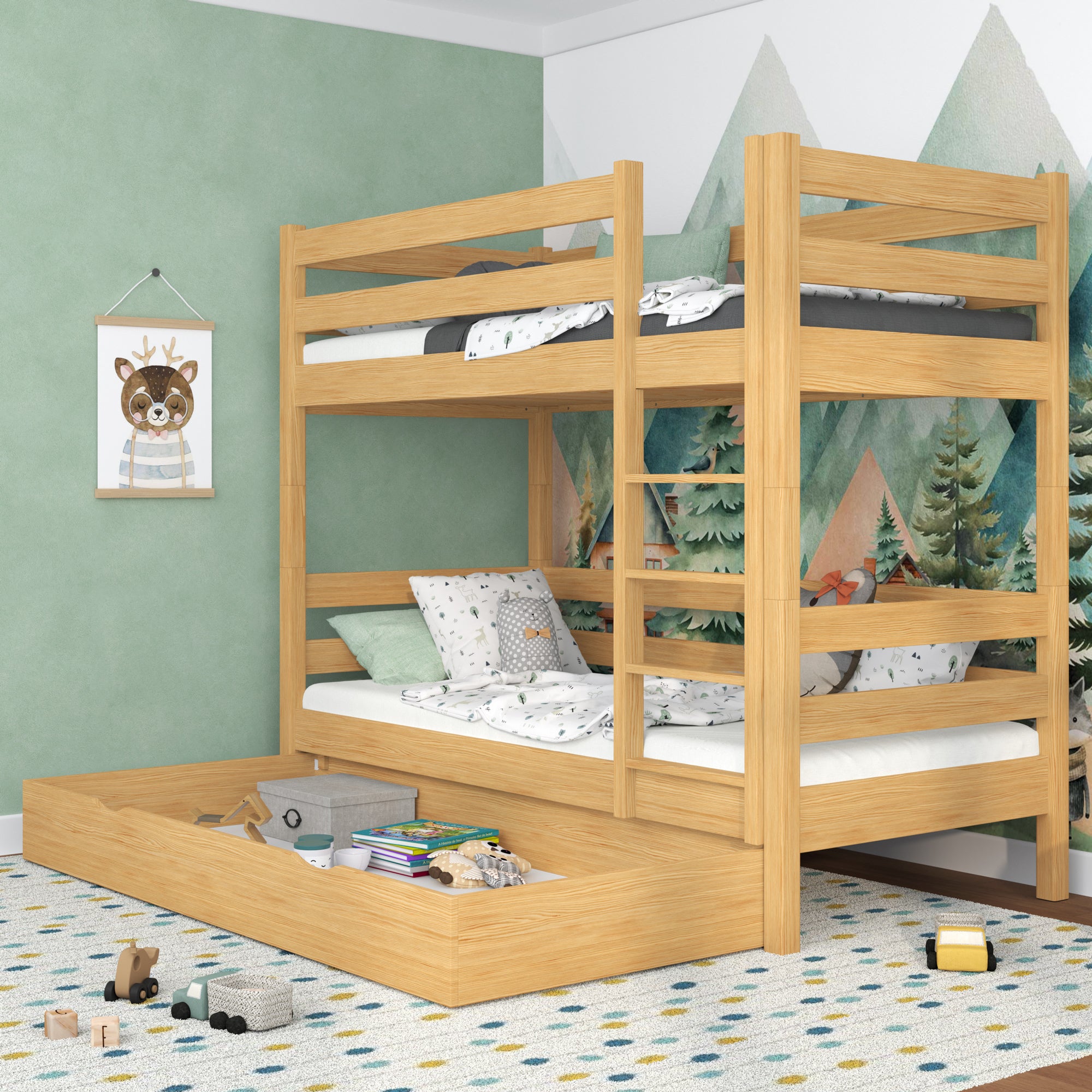 Lit superposé en bois pin naturel – tiroir ouvert, rangement sous le lit