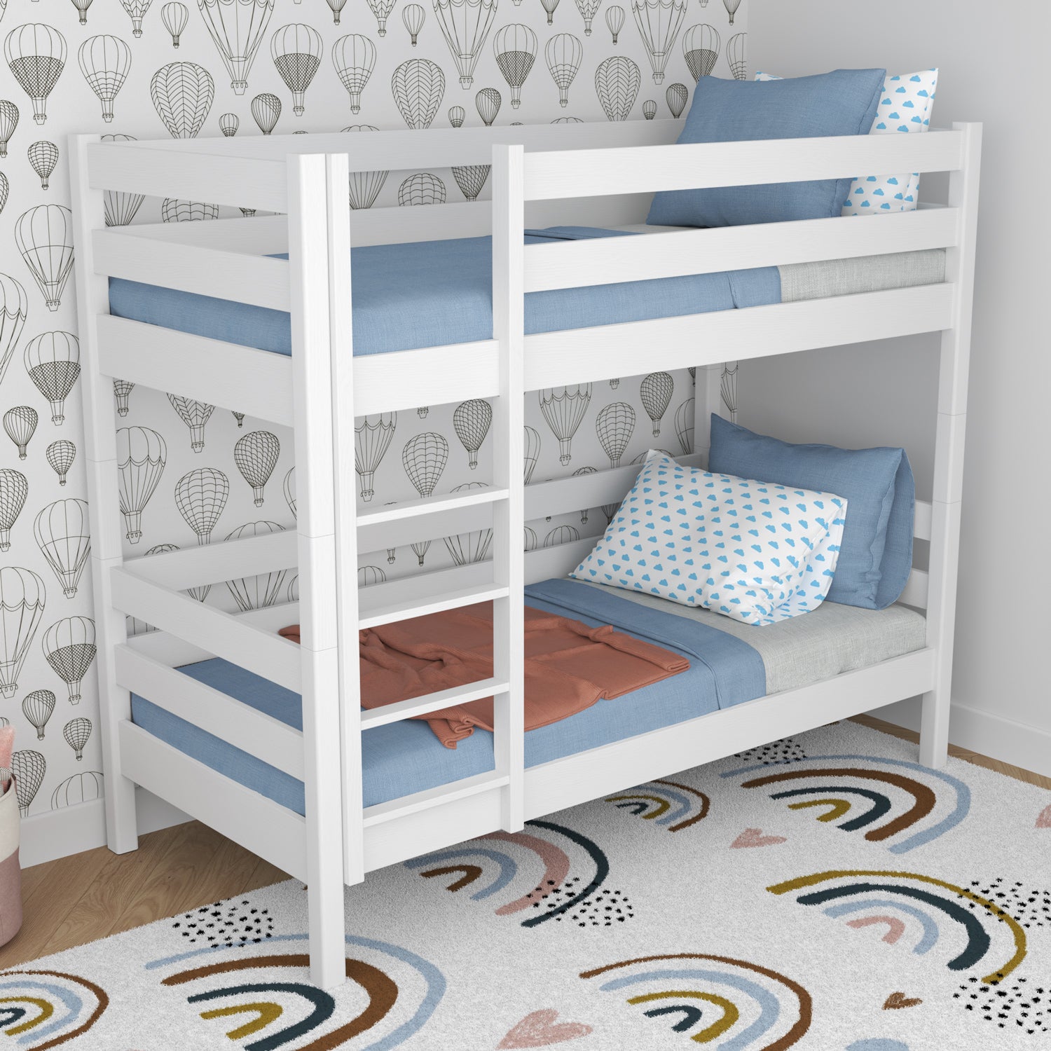 Lit superposé blanc dans la chambre d'enfant – décoration scandinave, en bois